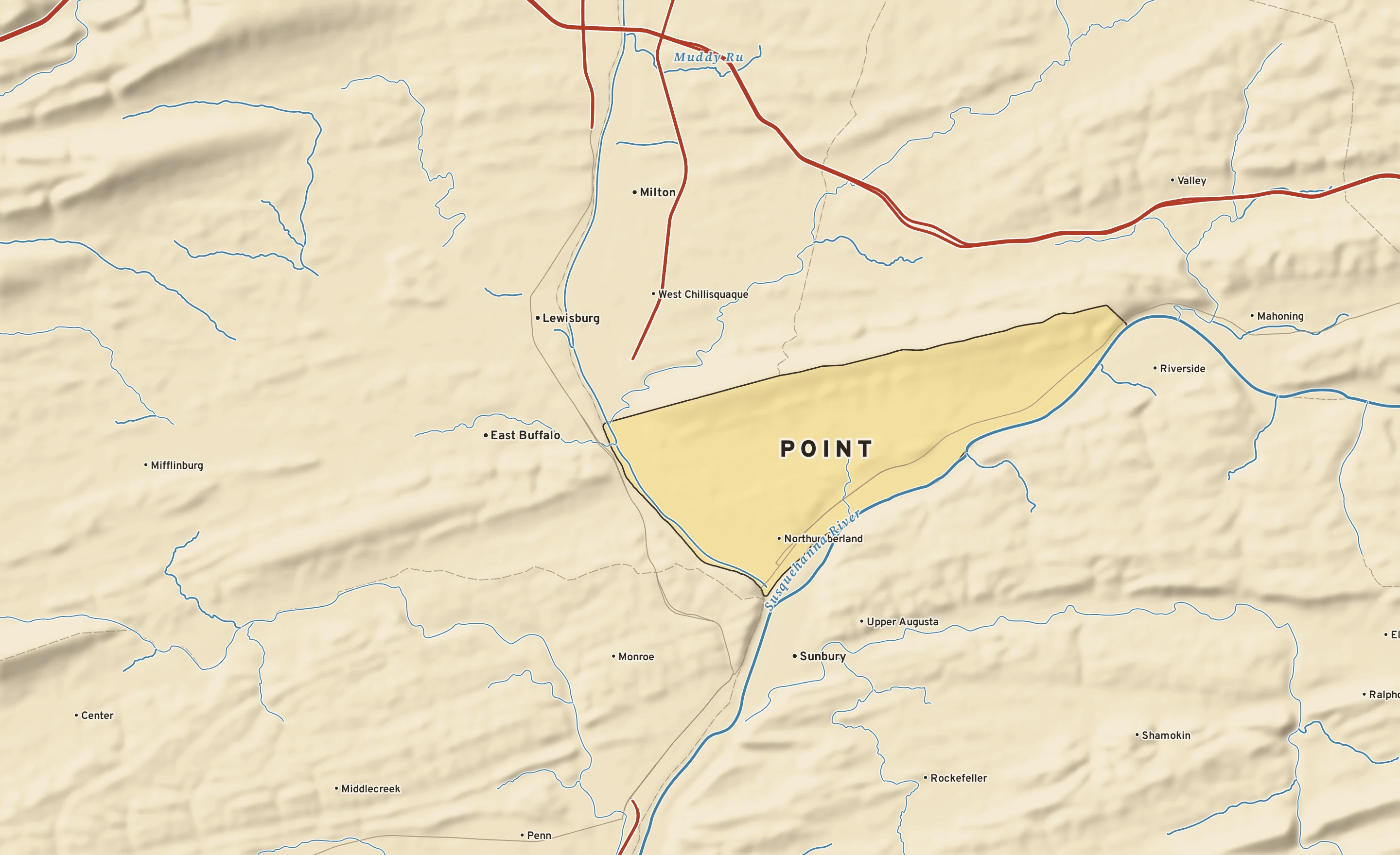 Shaded-relief atlas plate of Point, Pennsylvania: rivers, roads, the city limits and where the water drains.