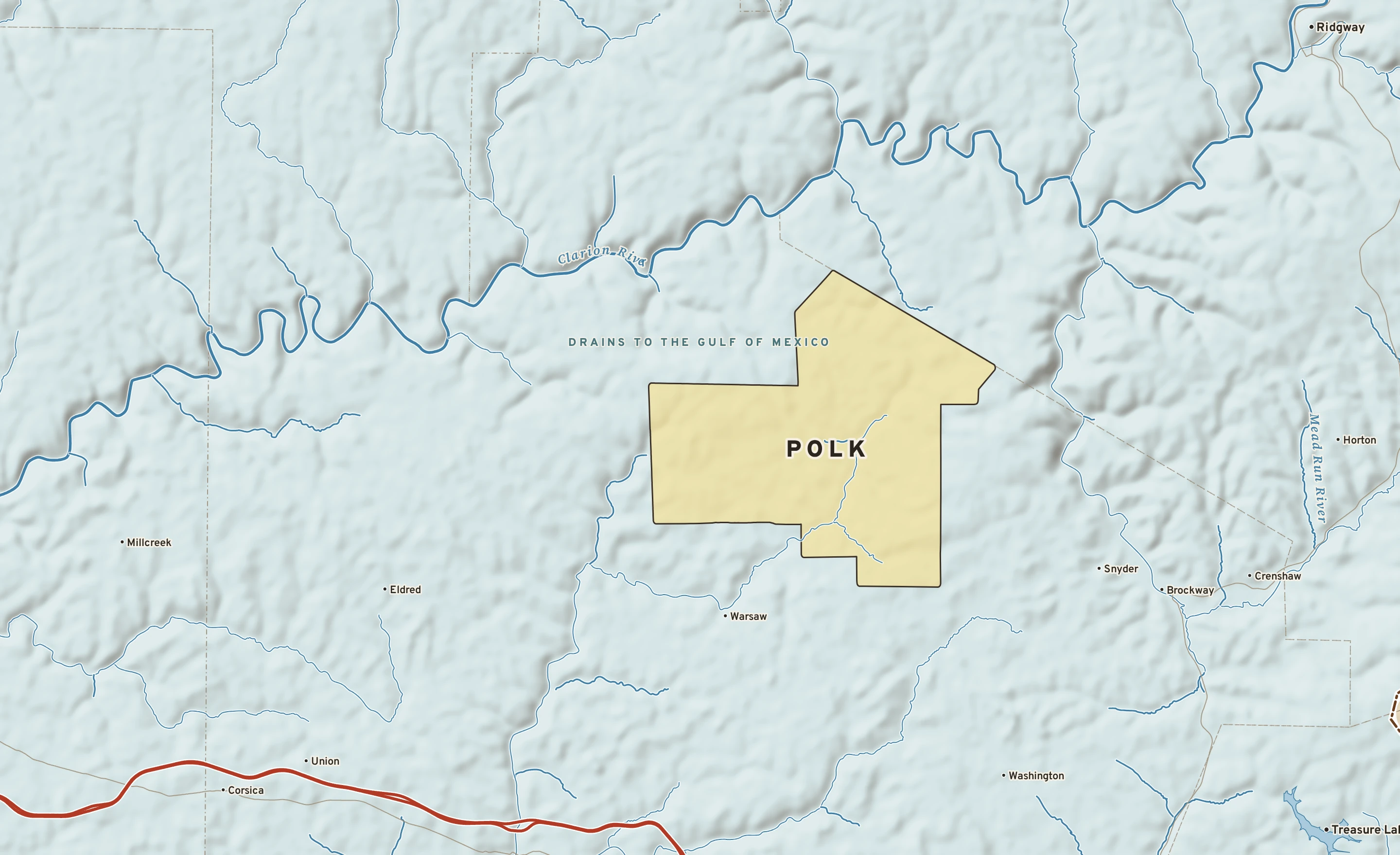 Shaded-relief atlas plate of Polk, Pennsylvania: rivers, roads, the city limits and where the water drains.