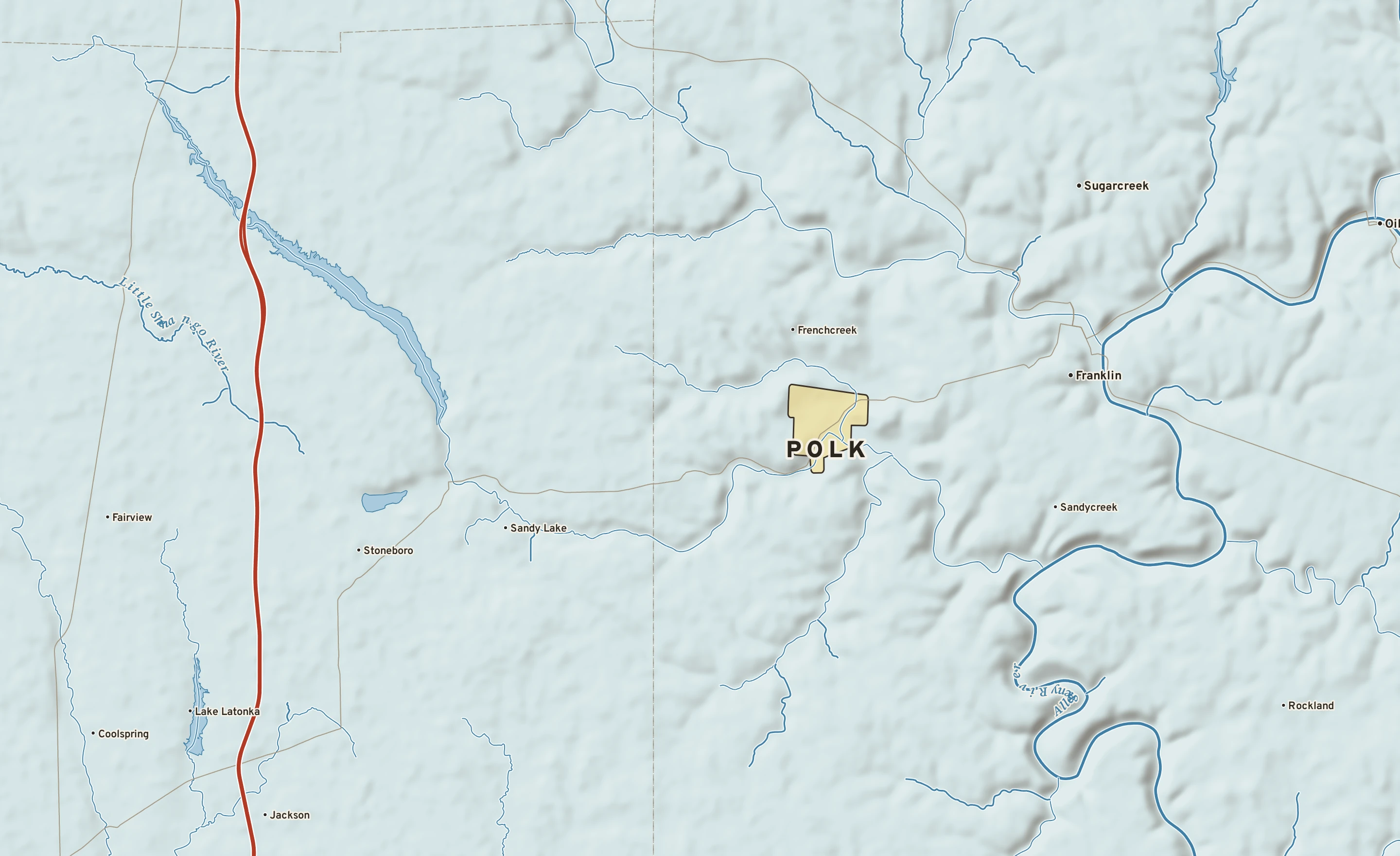 Shaded-relief atlas plate of Polk, Pennsylvania: rivers, roads, the city limits and where the water drains.