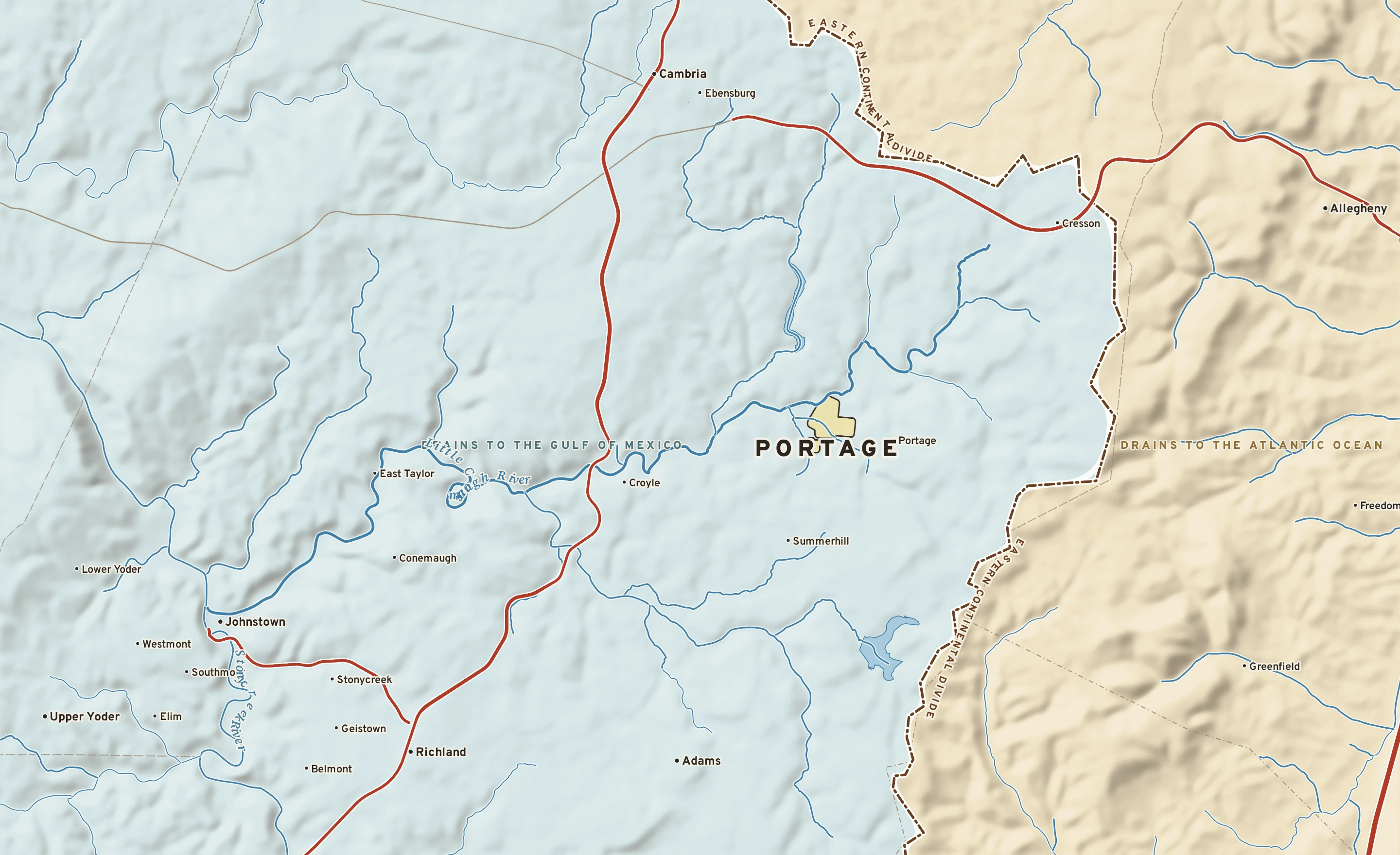 Shaded-relief atlas plate of Portage, Pennsylvania: rivers, roads, the city limits and where the water drains.