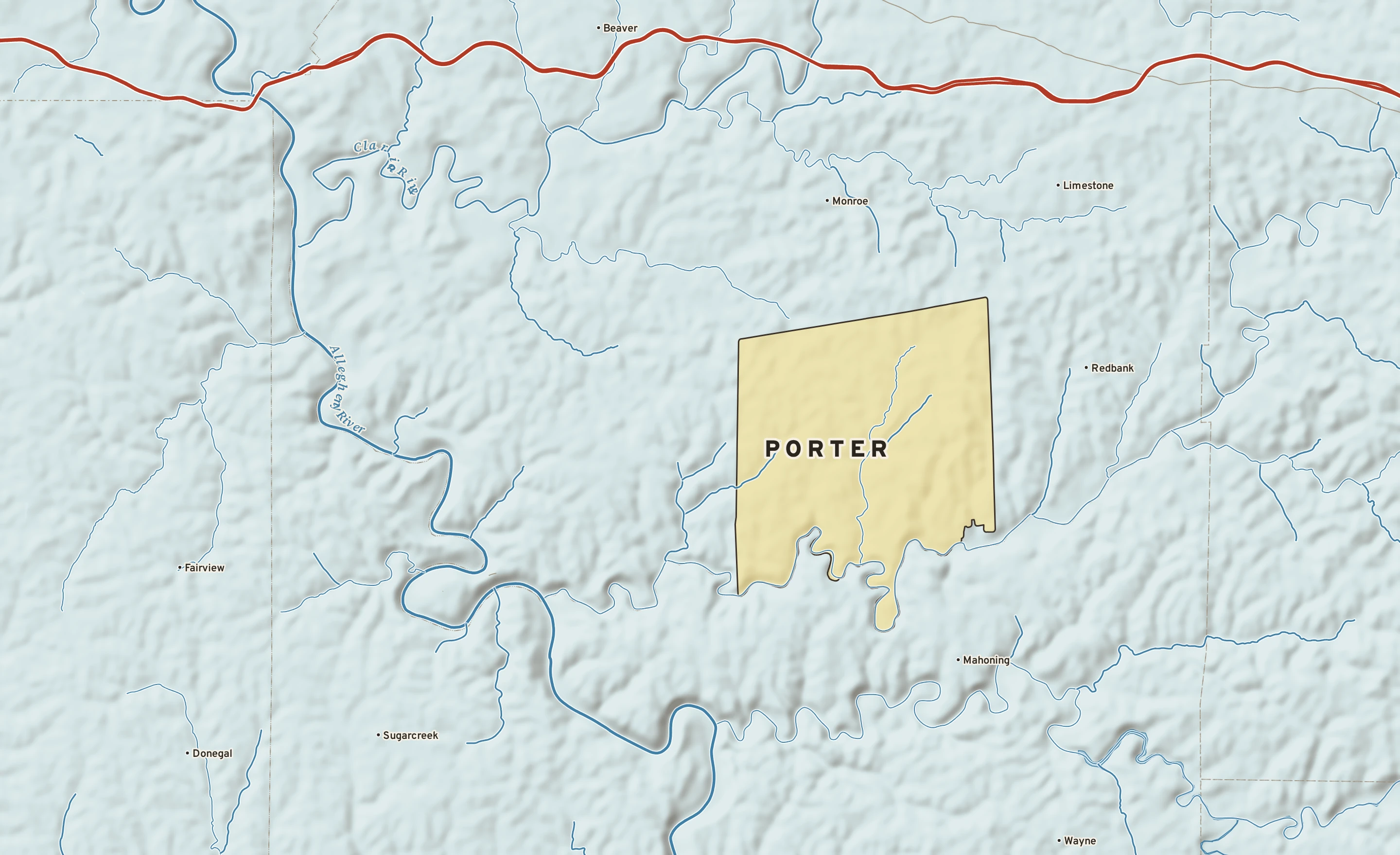 Shaded-relief atlas plate of Porter, Pennsylvania: rivers, roads, the city limits and where the water drains.