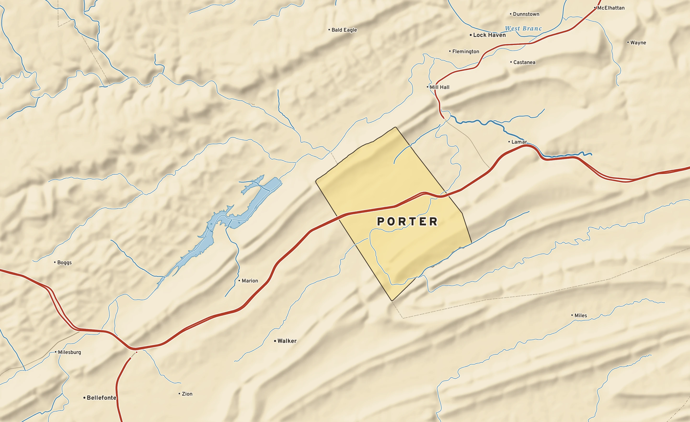 Shaded-relief atlas plate of Porter, Pennsylvania: rivers, roads, the city limits and where the water drains.