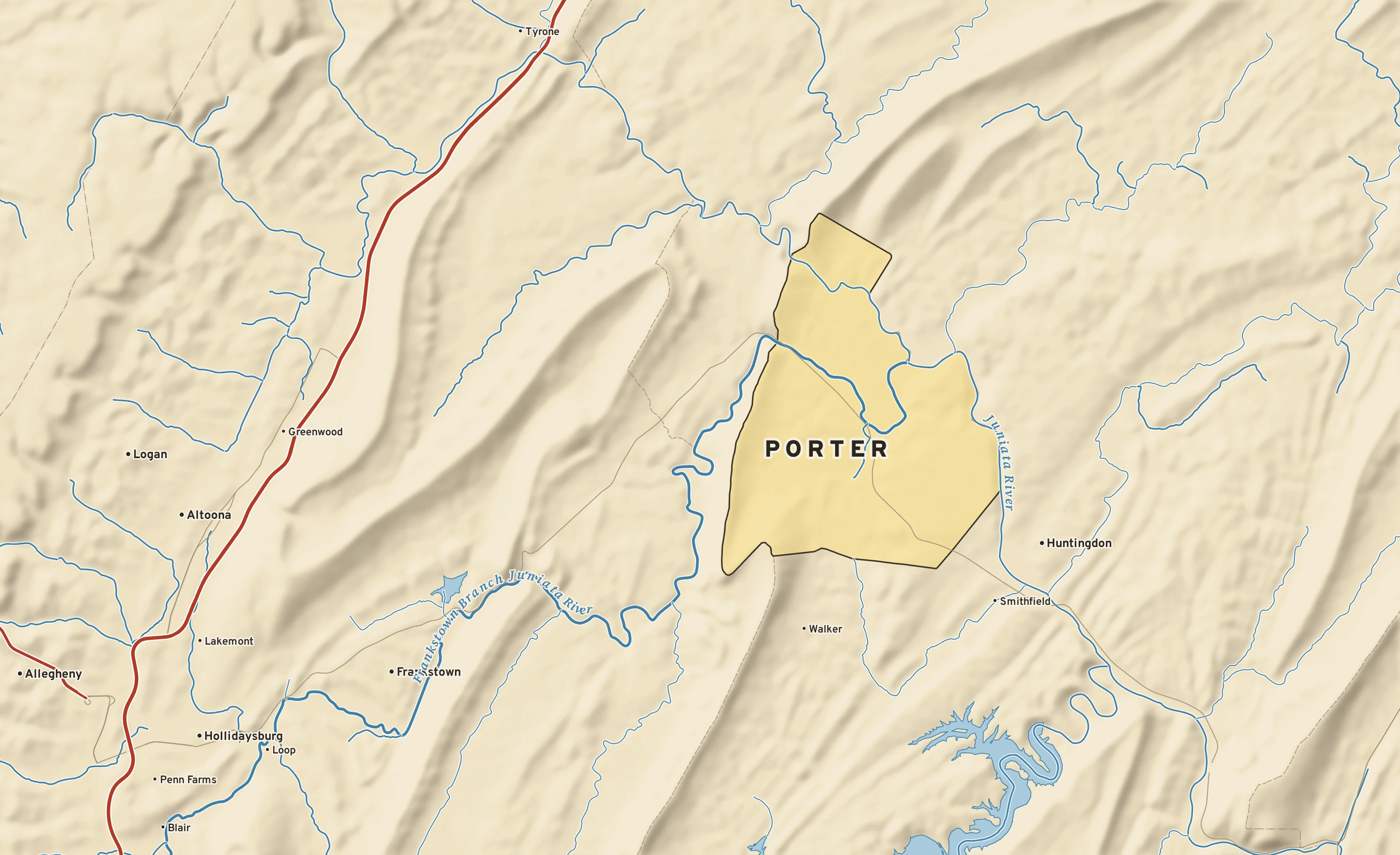 Shaded-relief atlas plate of Porter, Pennsylvania: rivers, roads, the city limits and where the water drains.