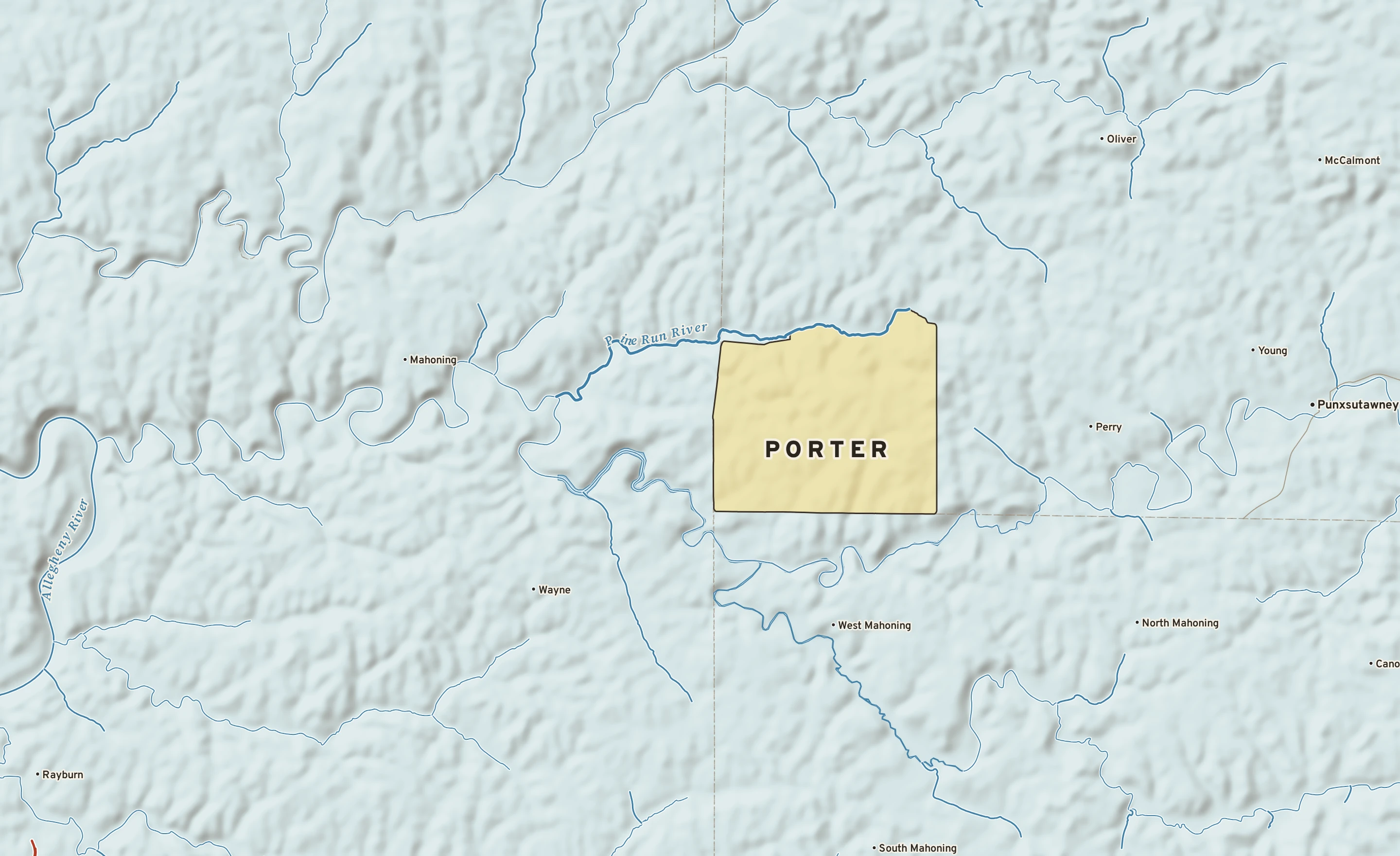 Shaded-relief atlas plate of Porter, Pennsylvania: rivers, roads, the city limits and where the water drains.