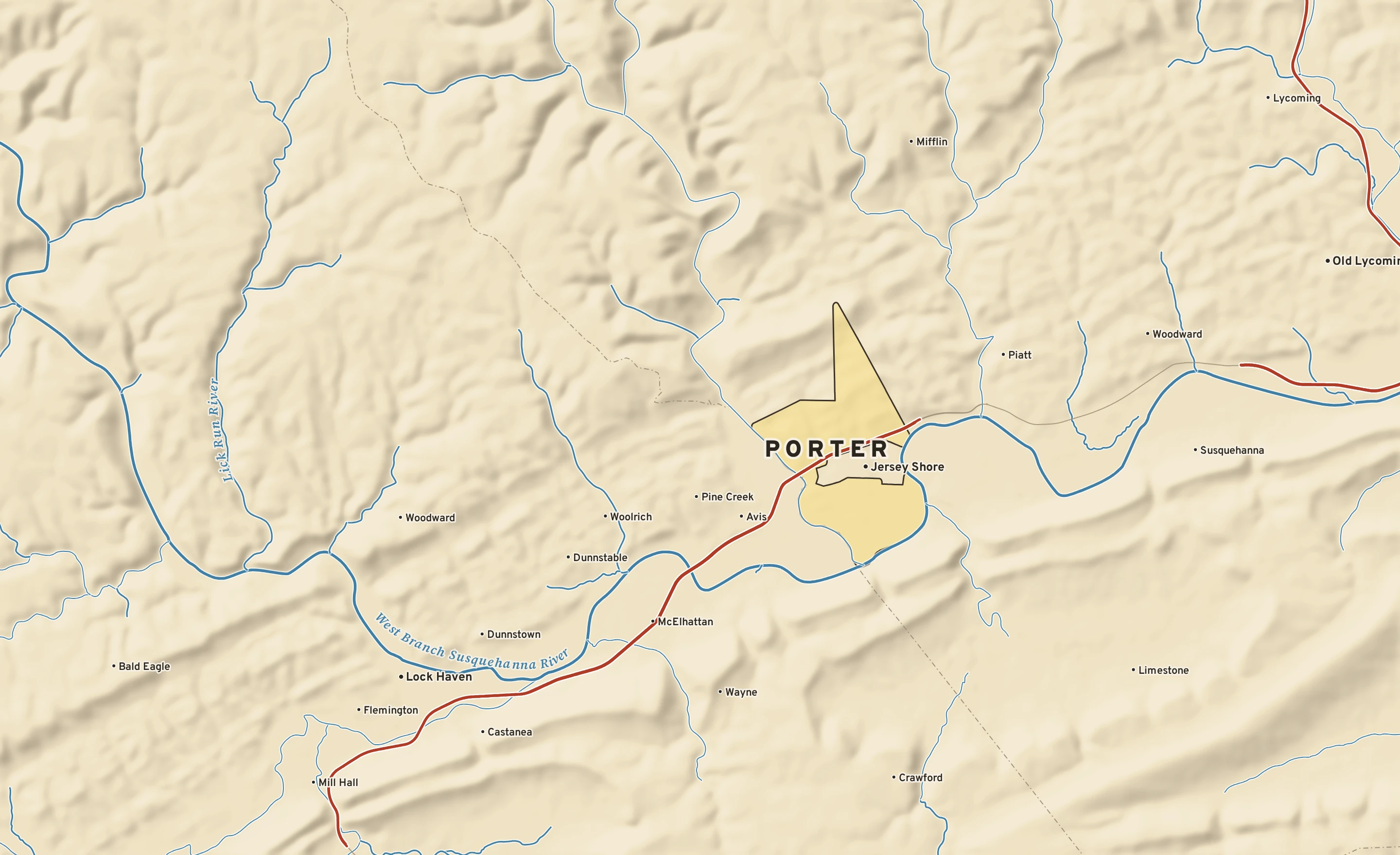 Shaded-relief atlas plate of Porter, Pennsylvania: rivers, roads, the city limits and where the water drains.