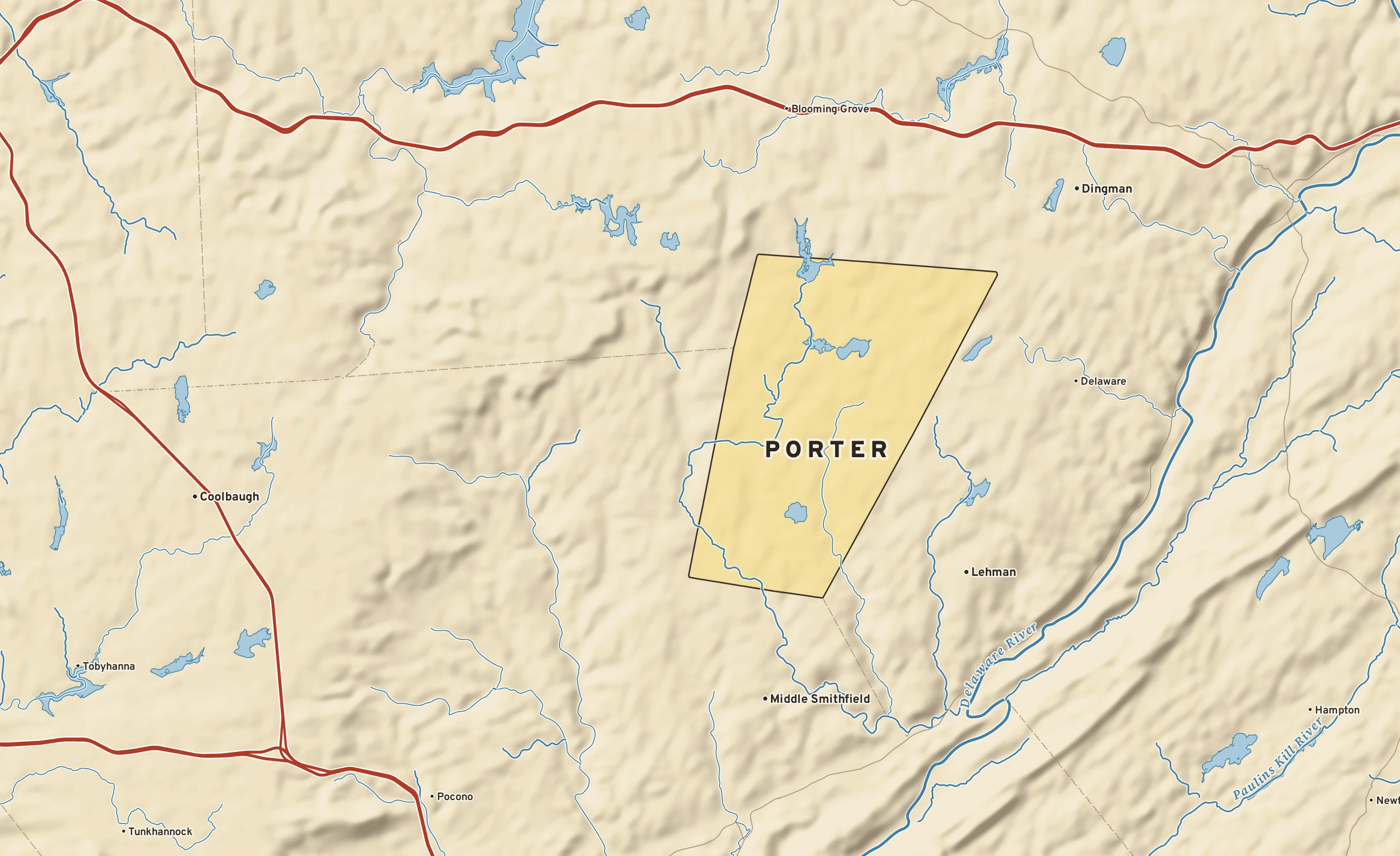 Shaded-relief atlas plate of Porter, Pennsylvania: rivers, roads, the city limits and where the water drains.