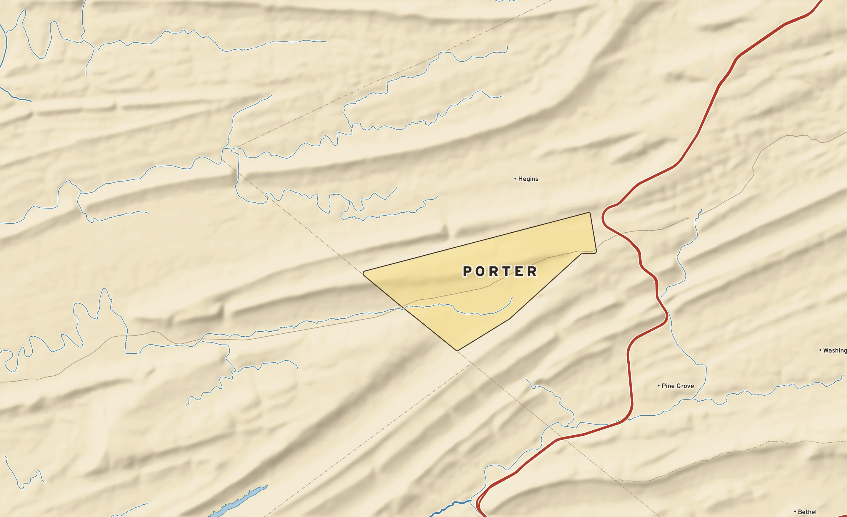 Shaded-relief atlas plate of Porter, Pennsylvania: rivers, roads, the city limits and where the water drains.