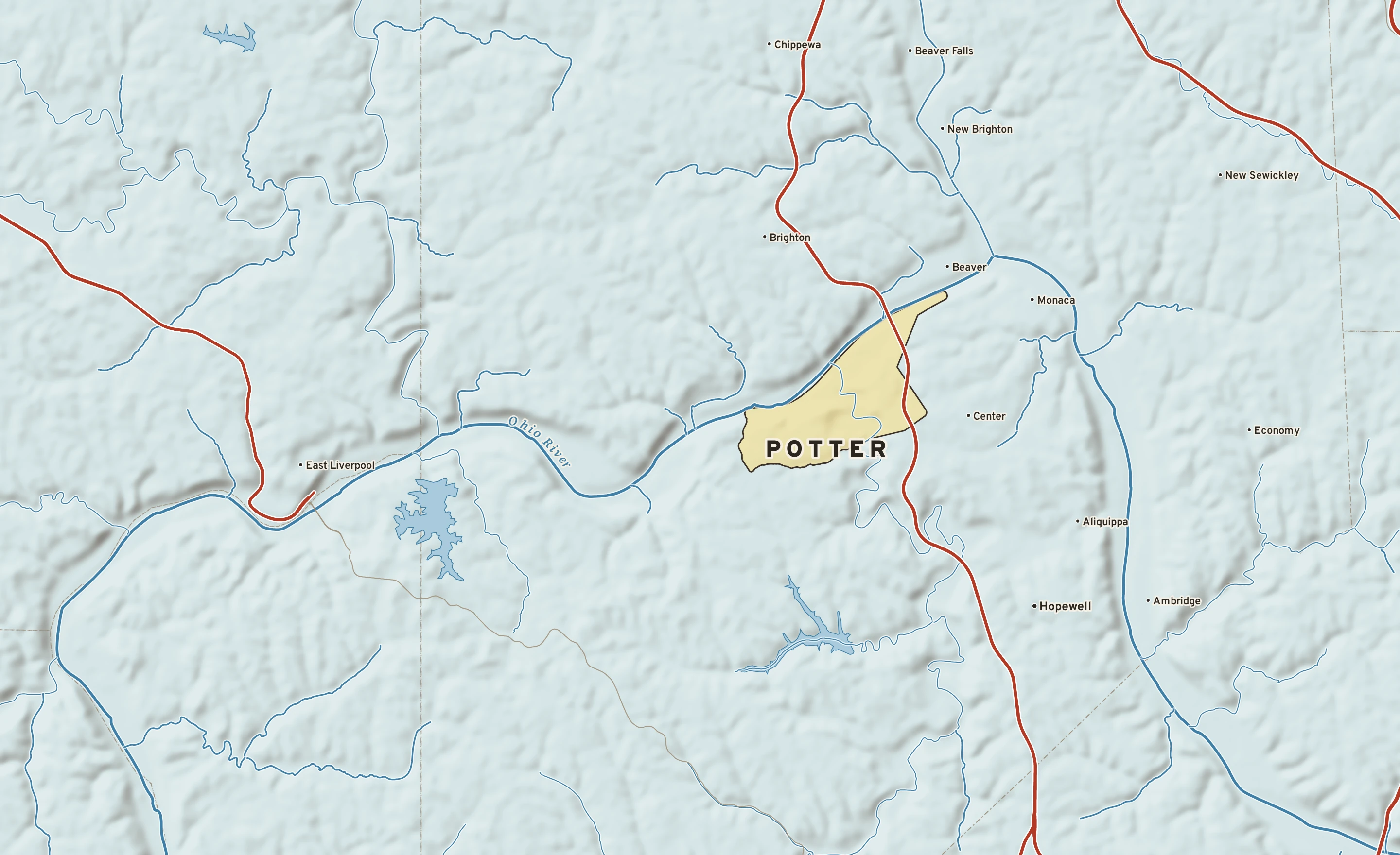 Shaded-relief atlas plate of Potter, Pennsylvania: rivers, roads, the city limits and where the water drains.