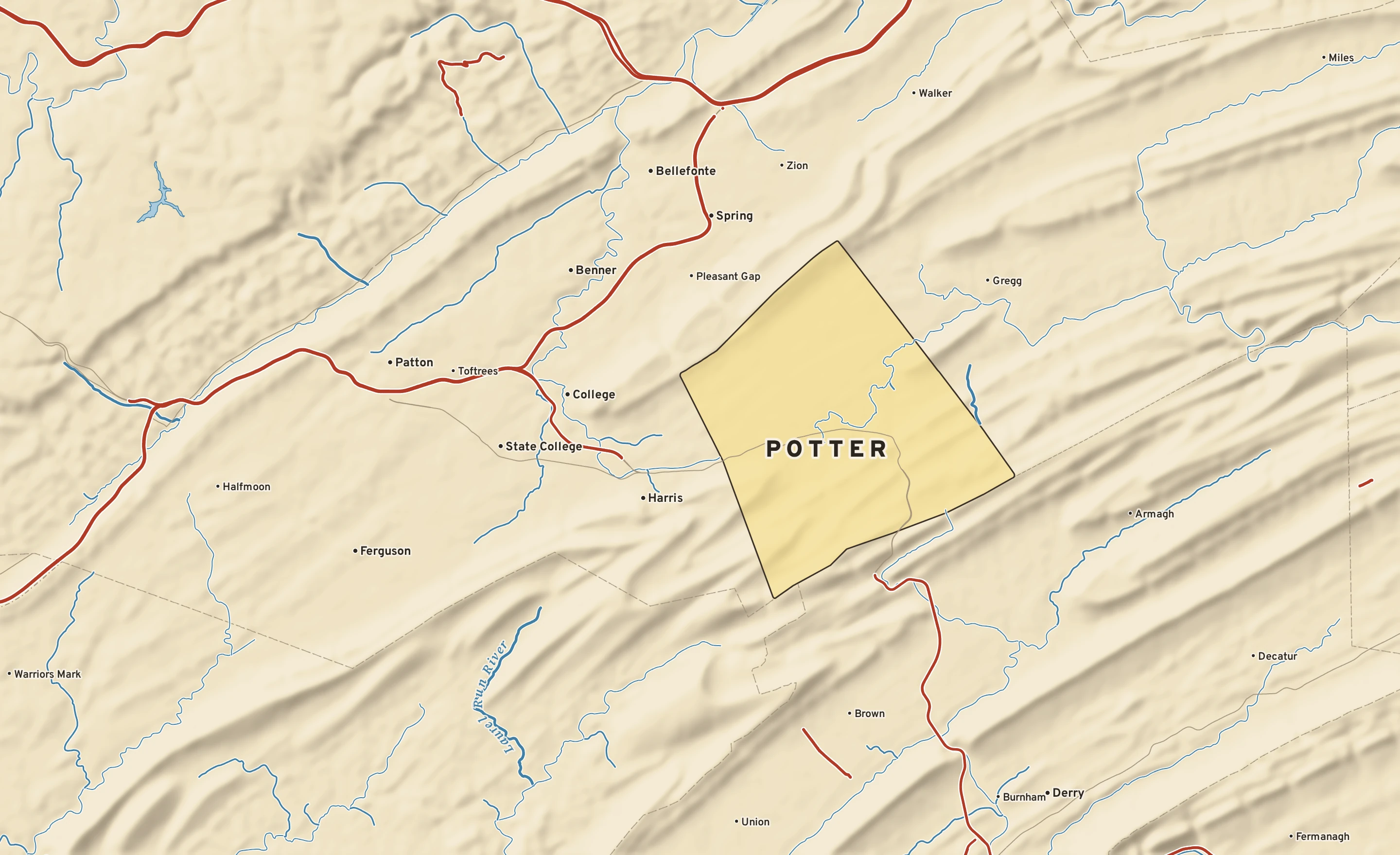 Shaded-relief atlas plate of Potter, Pennsylvania: rivers, roads, the city limits and where the water drains.