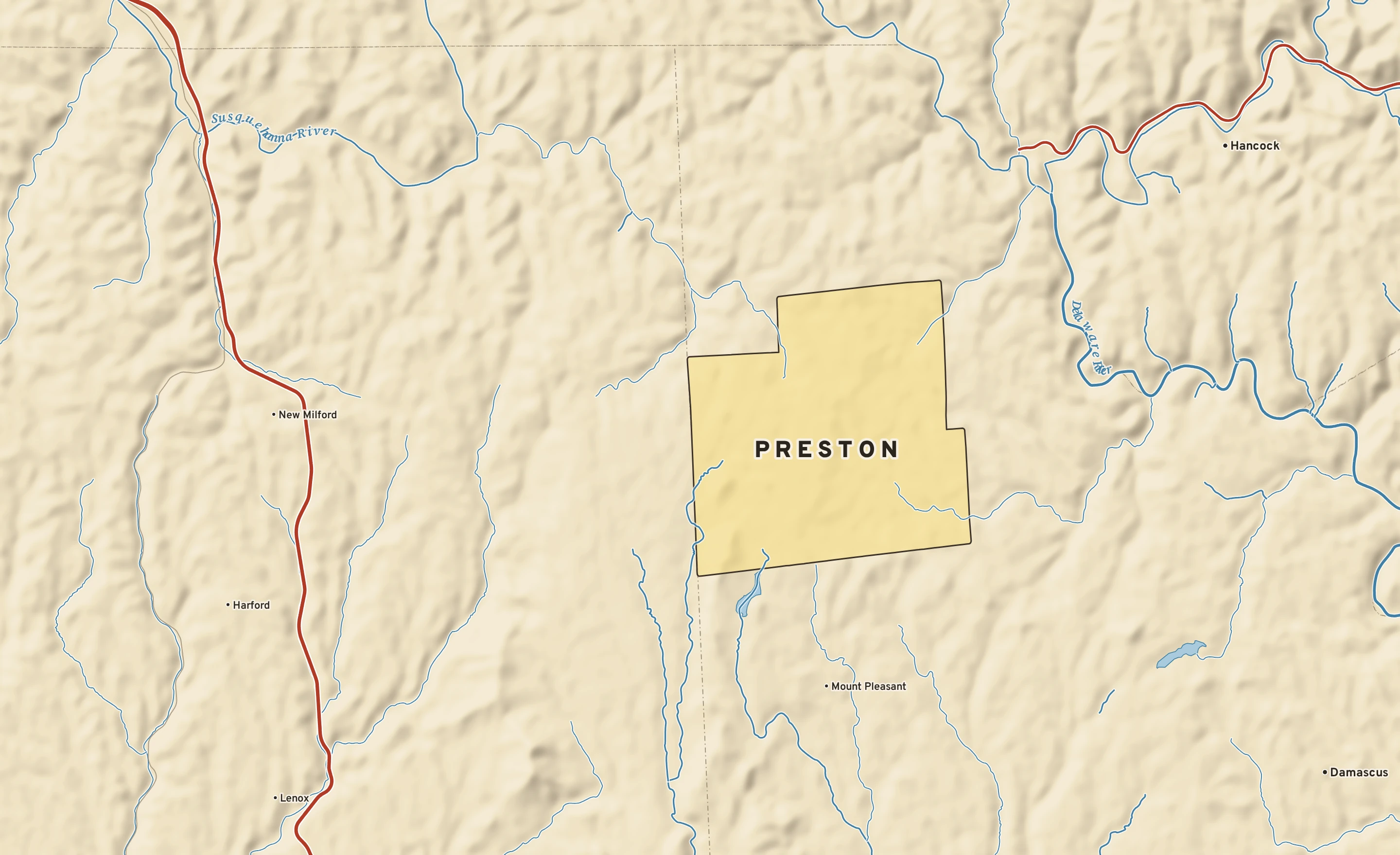 Shaded-relief atlas plate of Preston, Pennsylvania: rivers, roads, the city limits and where the water drains.