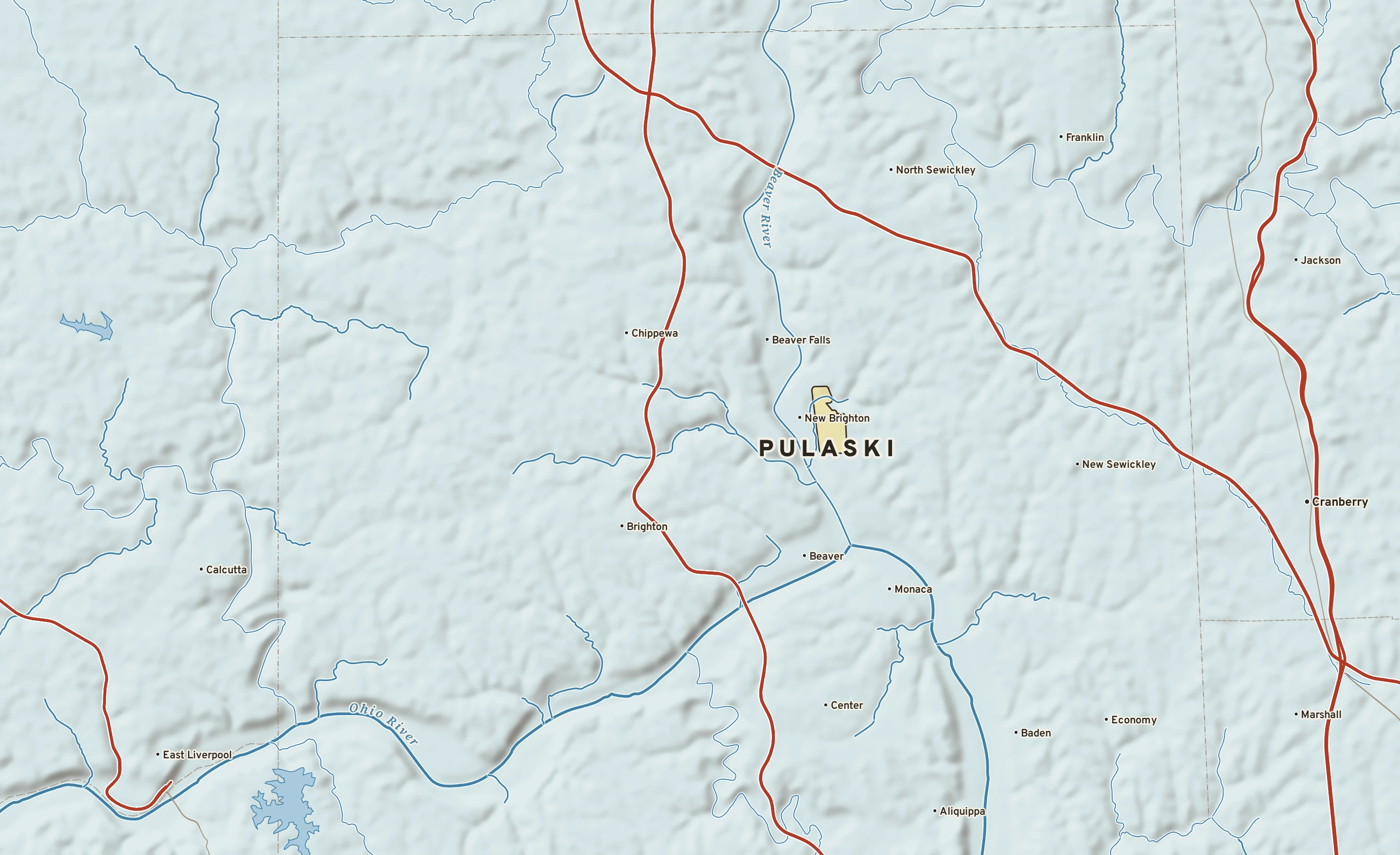 Shaded-relief atlas plate of Pulaski, Pennsylvania: rivers, roads, the city limits and where the water drains.
