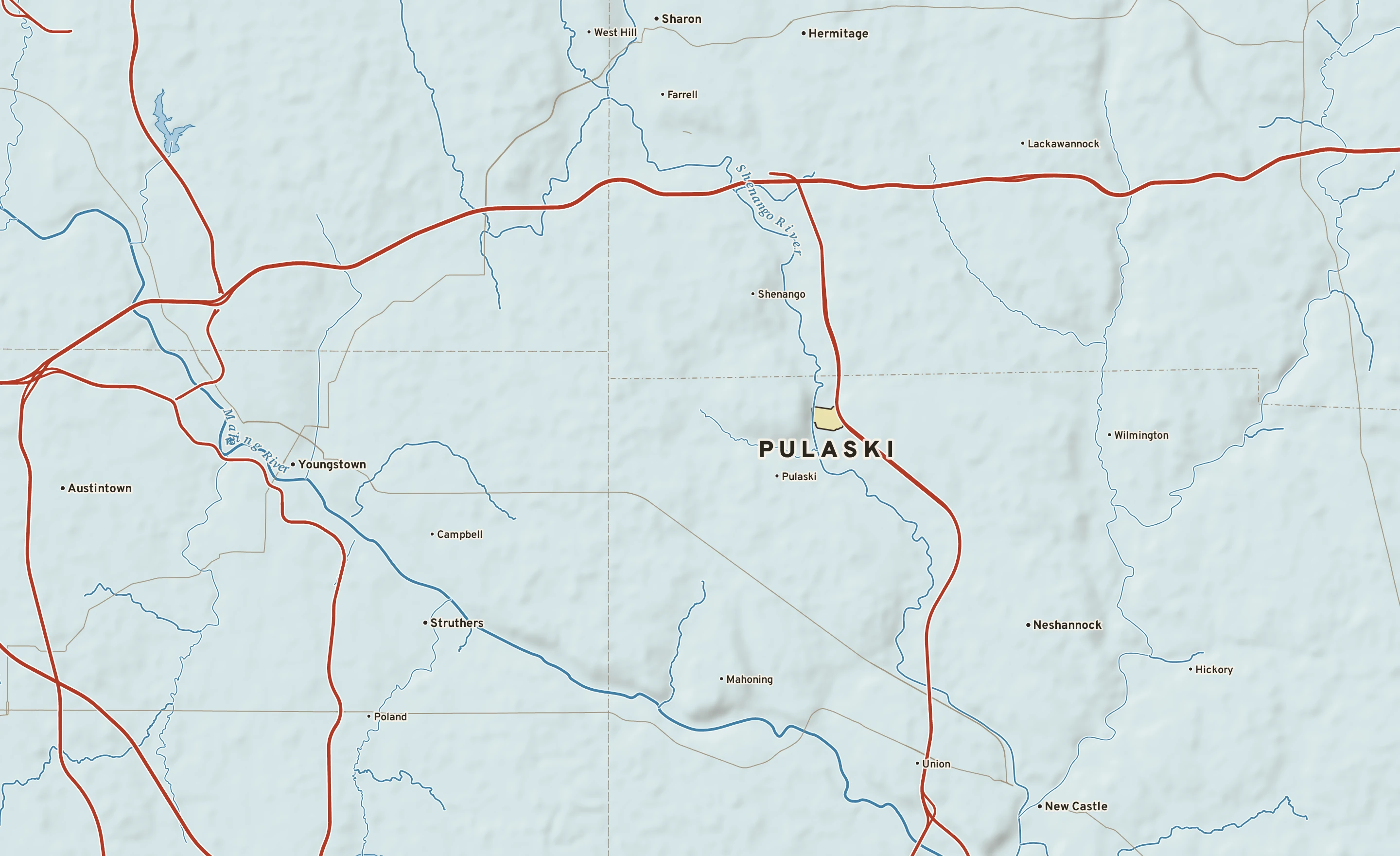 Shaded-relief atlas plate of Pulaski, Pennsylvania: rivers, roads, the city limits and where the water drains.