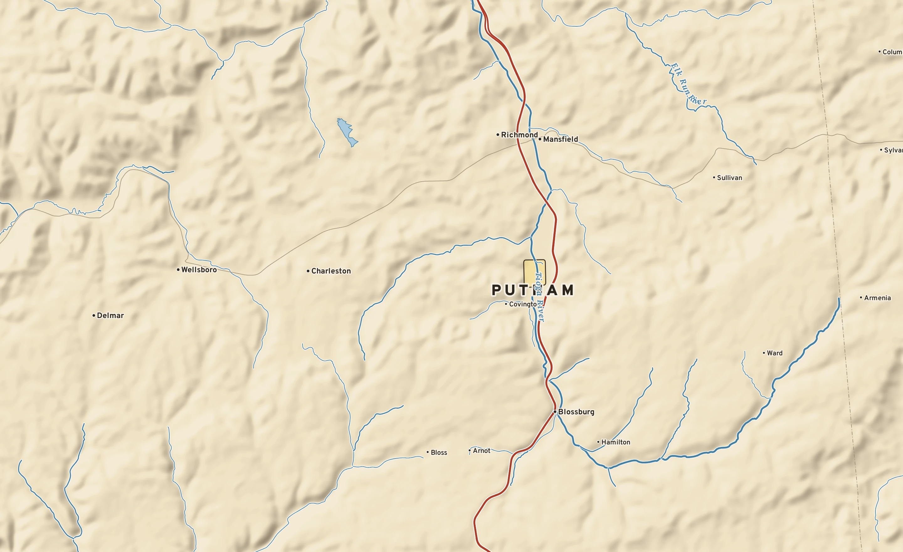 Shaded-relief atlas plate of Putnam, Pennsylvania: rivers, roads, the city limits and where the water drains.
