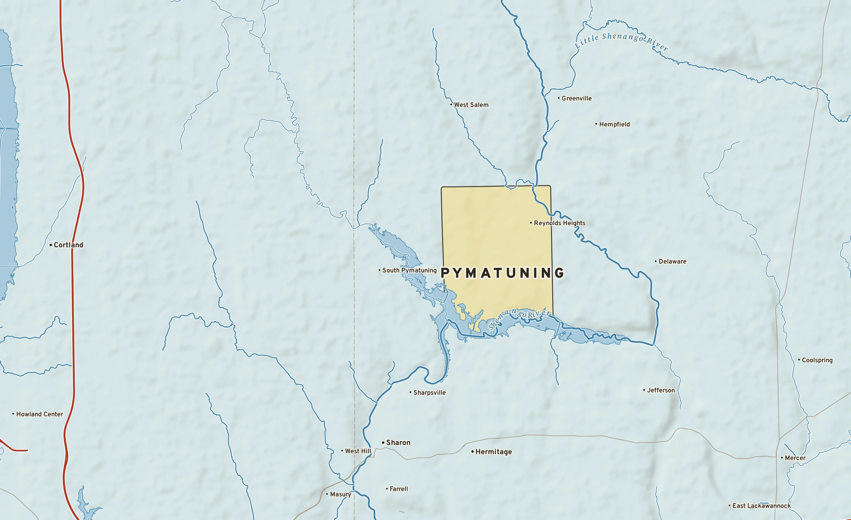 Shaded-relief atlas plate of Pymatuning, Pennsylvania: rivers, roads, the city limits and where the water drains.