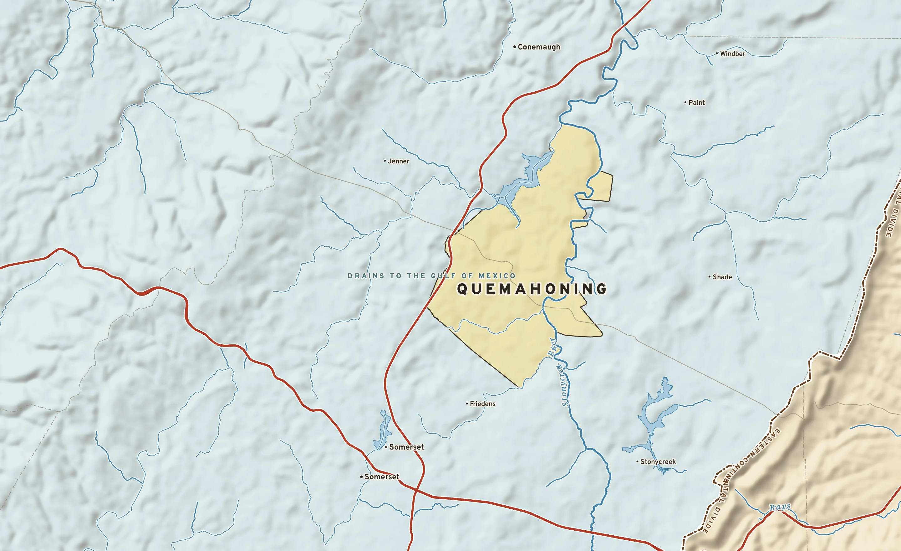 Shaded-relief atlas plate of Quemahoning, Pennsylvania: rivers, roads, the city limits and where the water drains.