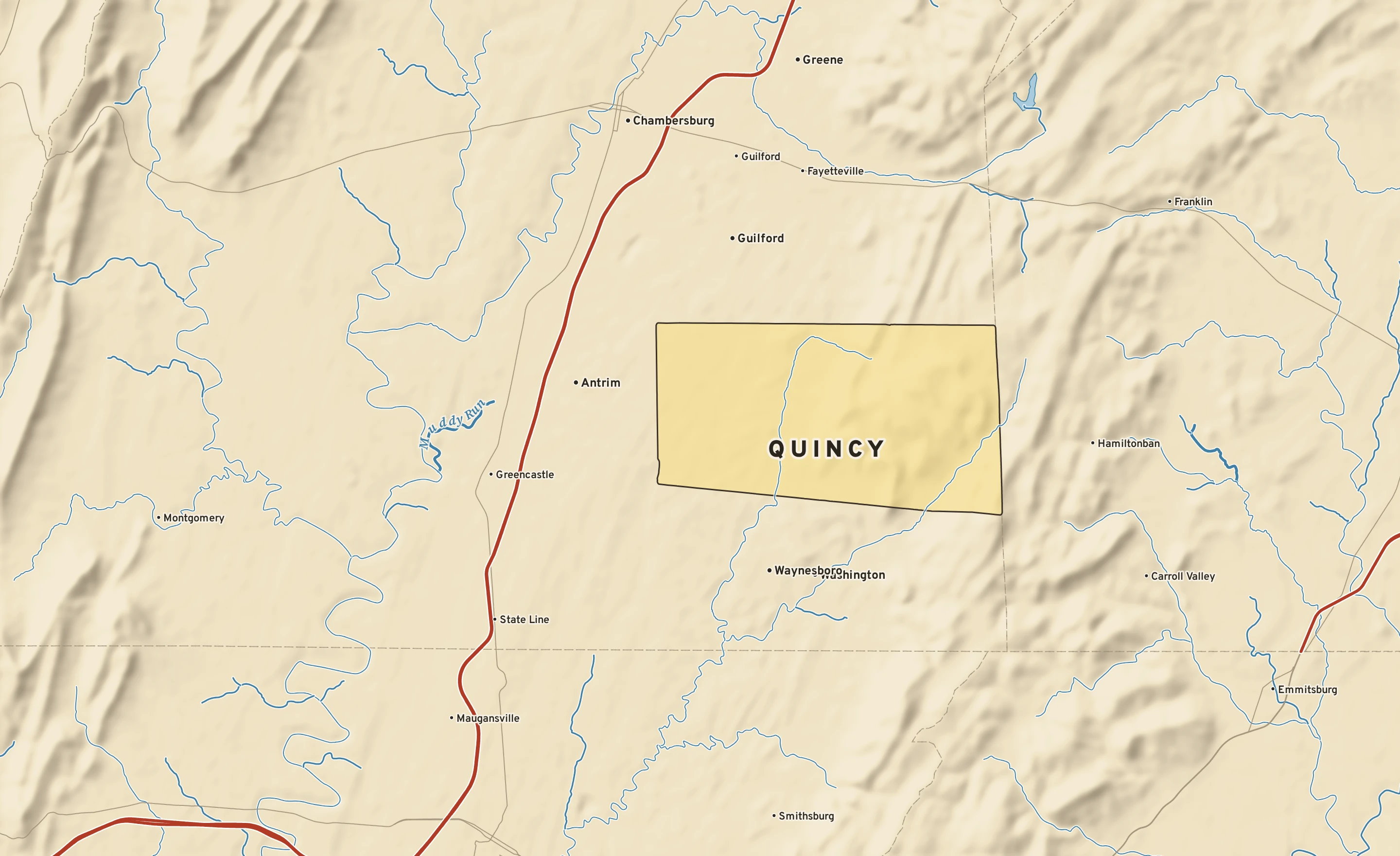 Shaded-relief atlas plate of Quincy, Pennsylvania: rivers, roads, the city limits and where the water drains.