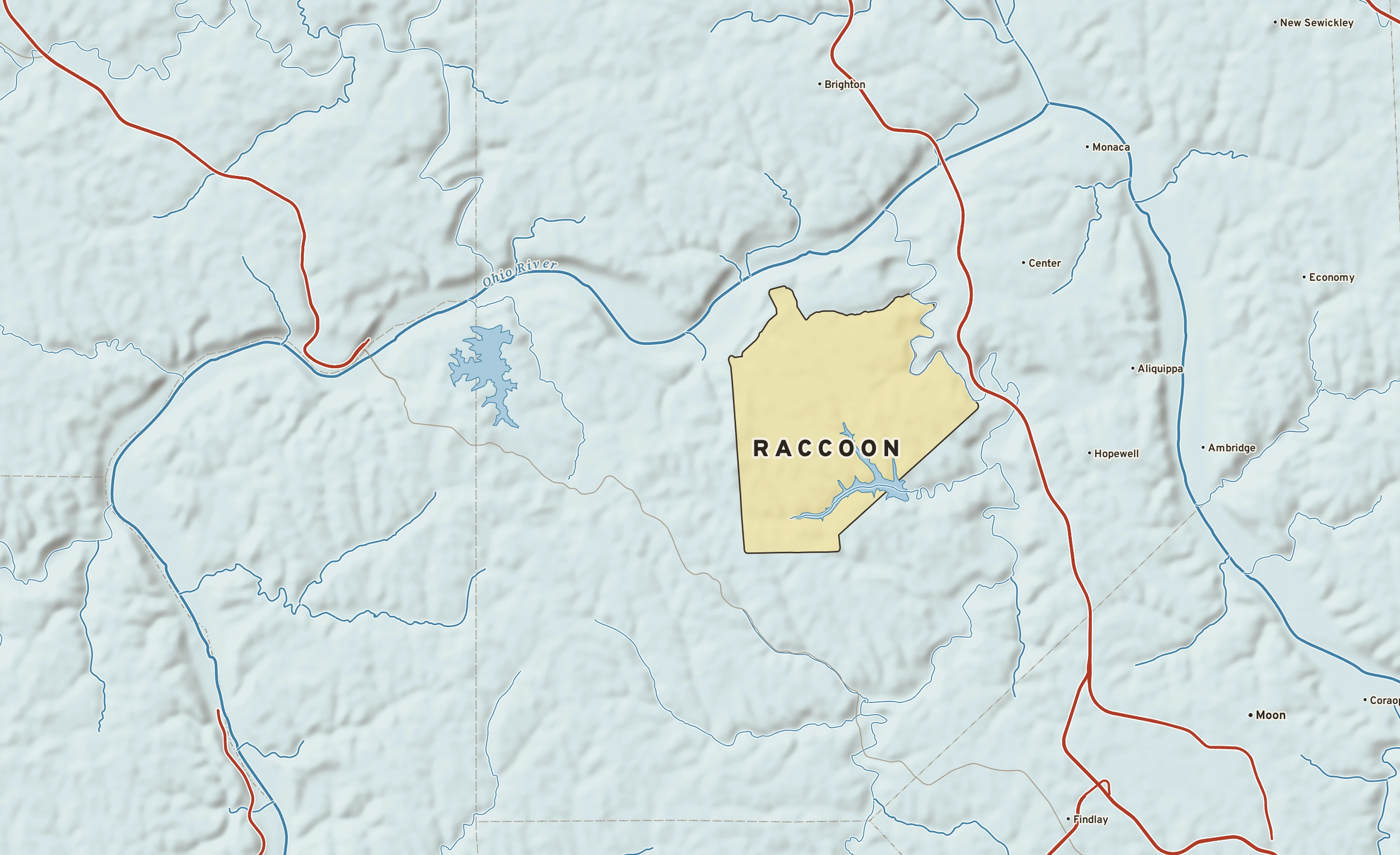 Shaded-relief atlas plate of Raccoon, Pennsylvania: rivers, roads, the city limits and where the water drains.