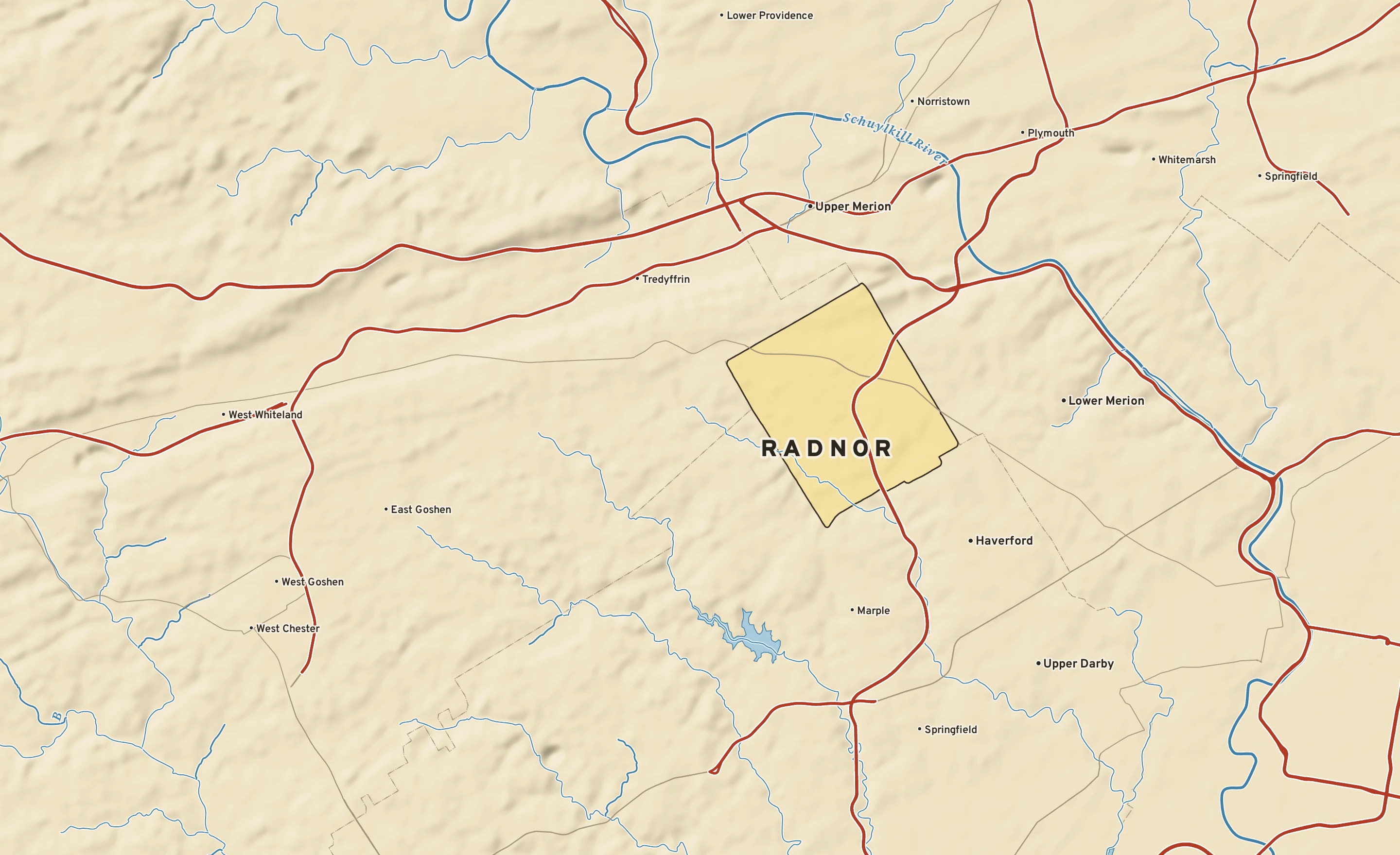 Shaded-relief atlas plate of Radnor, Pennsylvania: rivers, roads, the city limits and where the water drains.