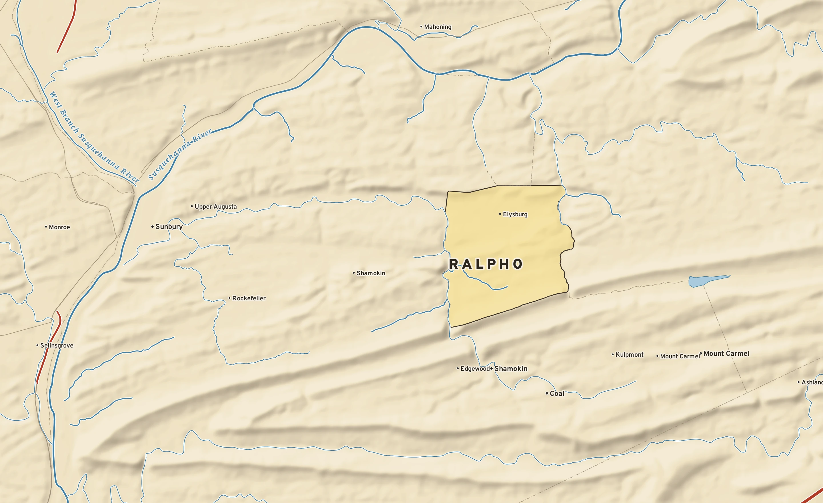 Shaded-relief atlas plate of Ralpho, Pennsylvania: rivers, roads, the city limits and where the water drains.