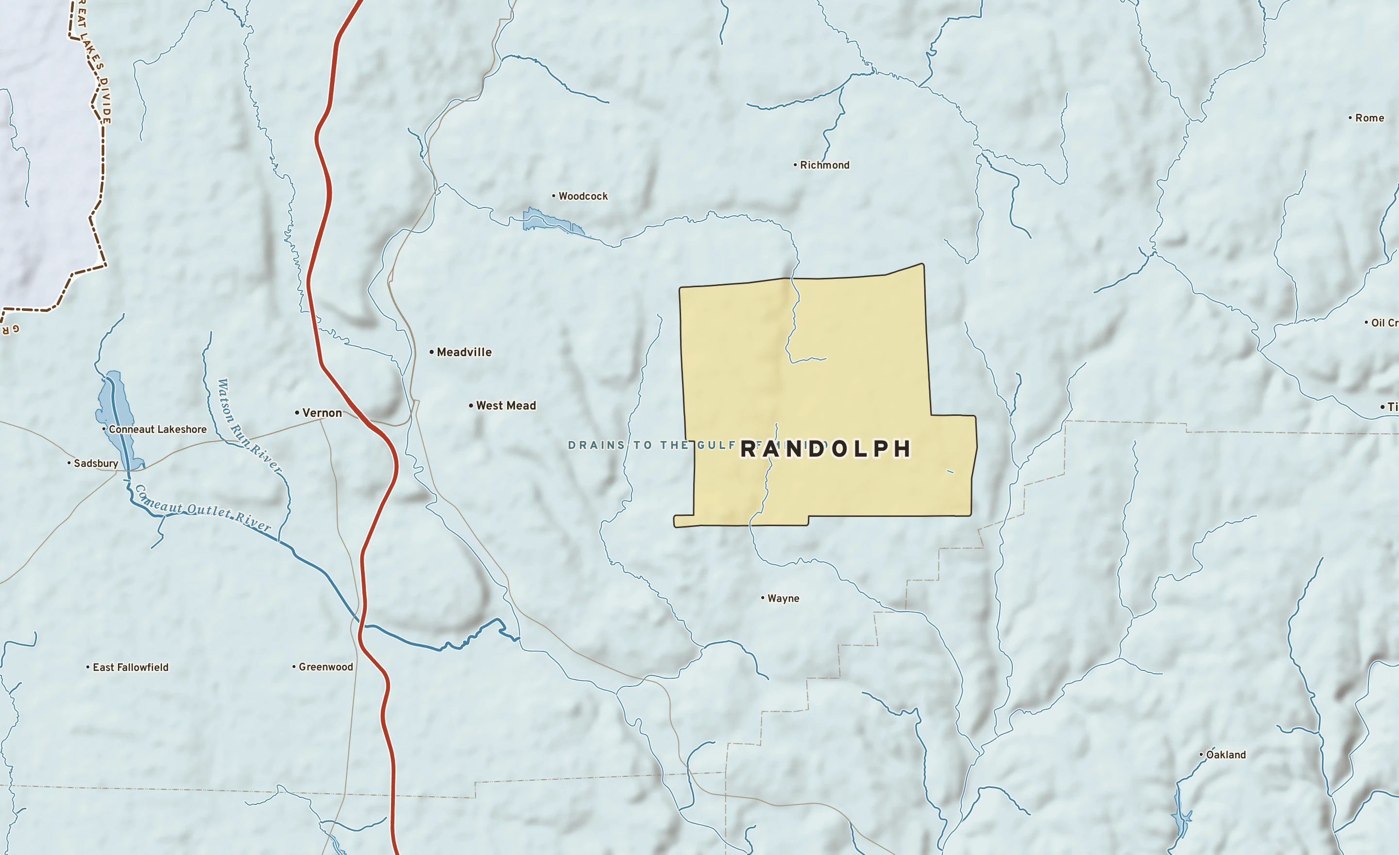 Shaded-relief atlas plate of Randolph, Pennsylvania: rivers, roads, the city limits and where the water drains.