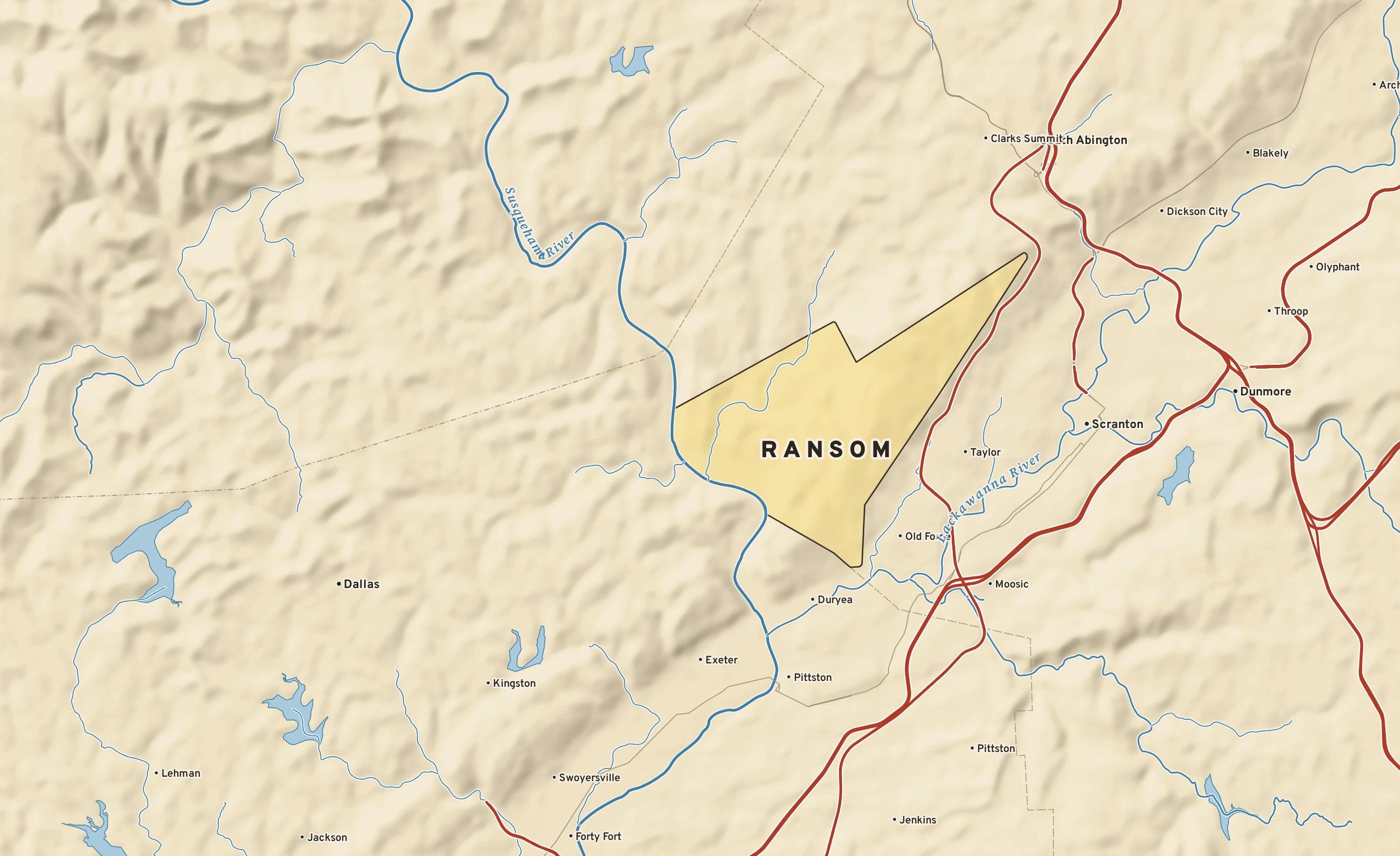 Shaded-relief atlas plate of Ransom, Pennsylvania: rivers, roads, the city limits and where the water drains.