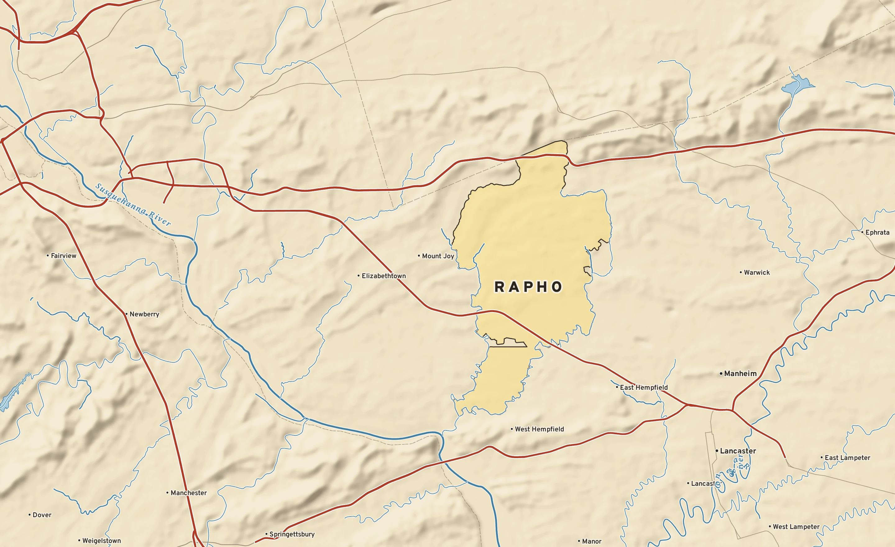 Shaded-relief atlas plate of Rapho, Pennsylvania: rivers, roads, the city limits and where the water drains.