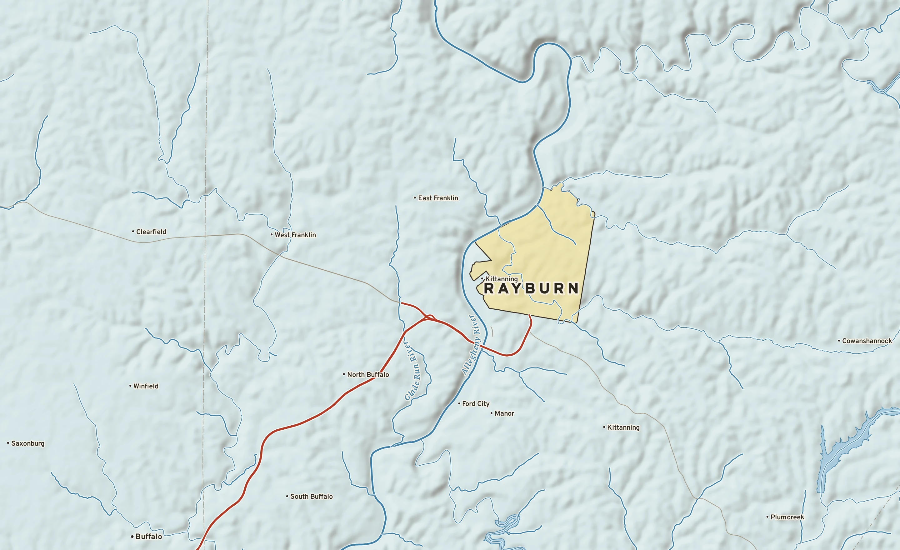 Shaded-relief atlas plate of Rayburn, Pennsylvania: rivers, roads, the city limits and where the water drains.