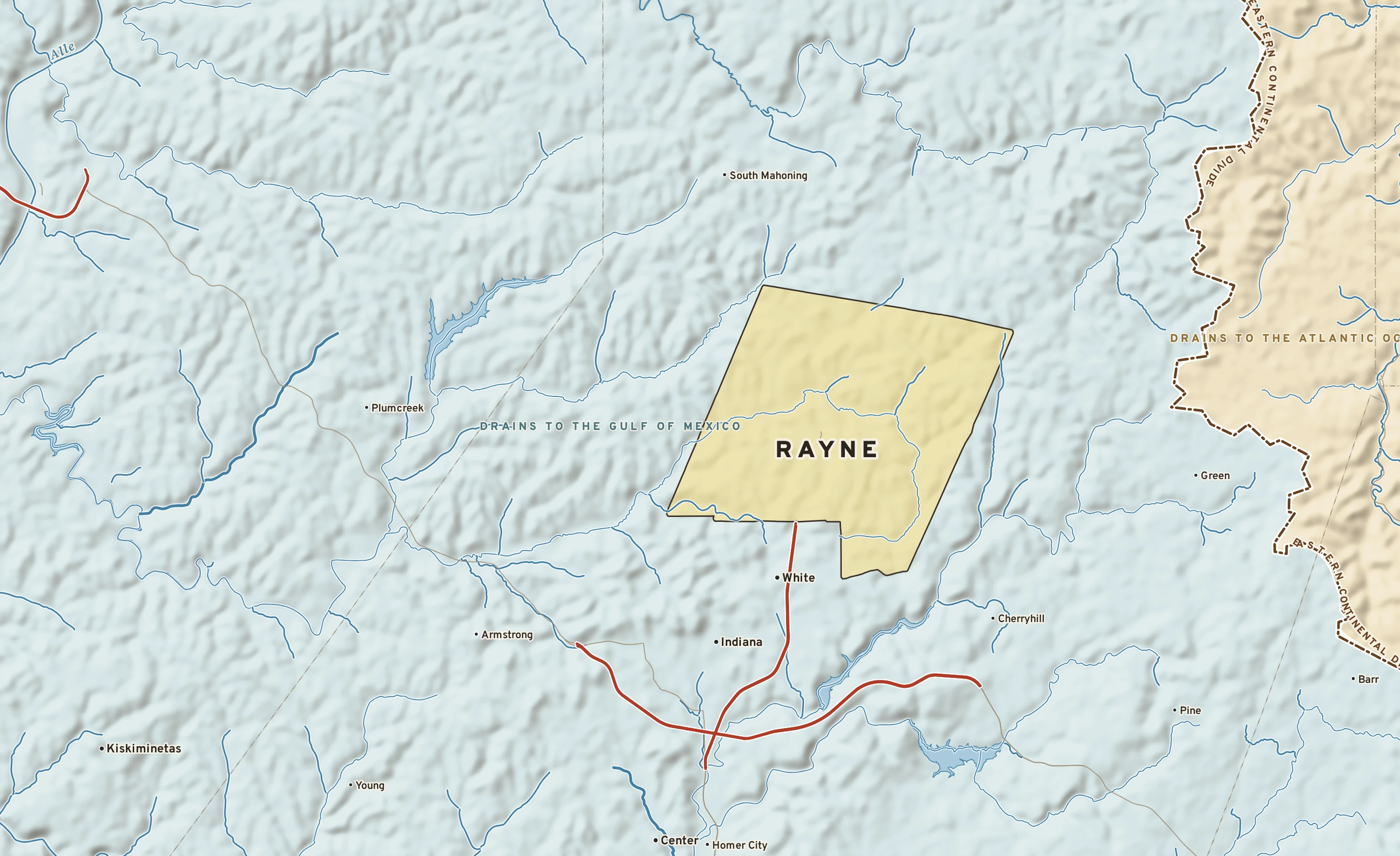 Shaded-relief atlas plate of Rayne, Pennsylvania: rivers, roads, the city limits and where the water drains.