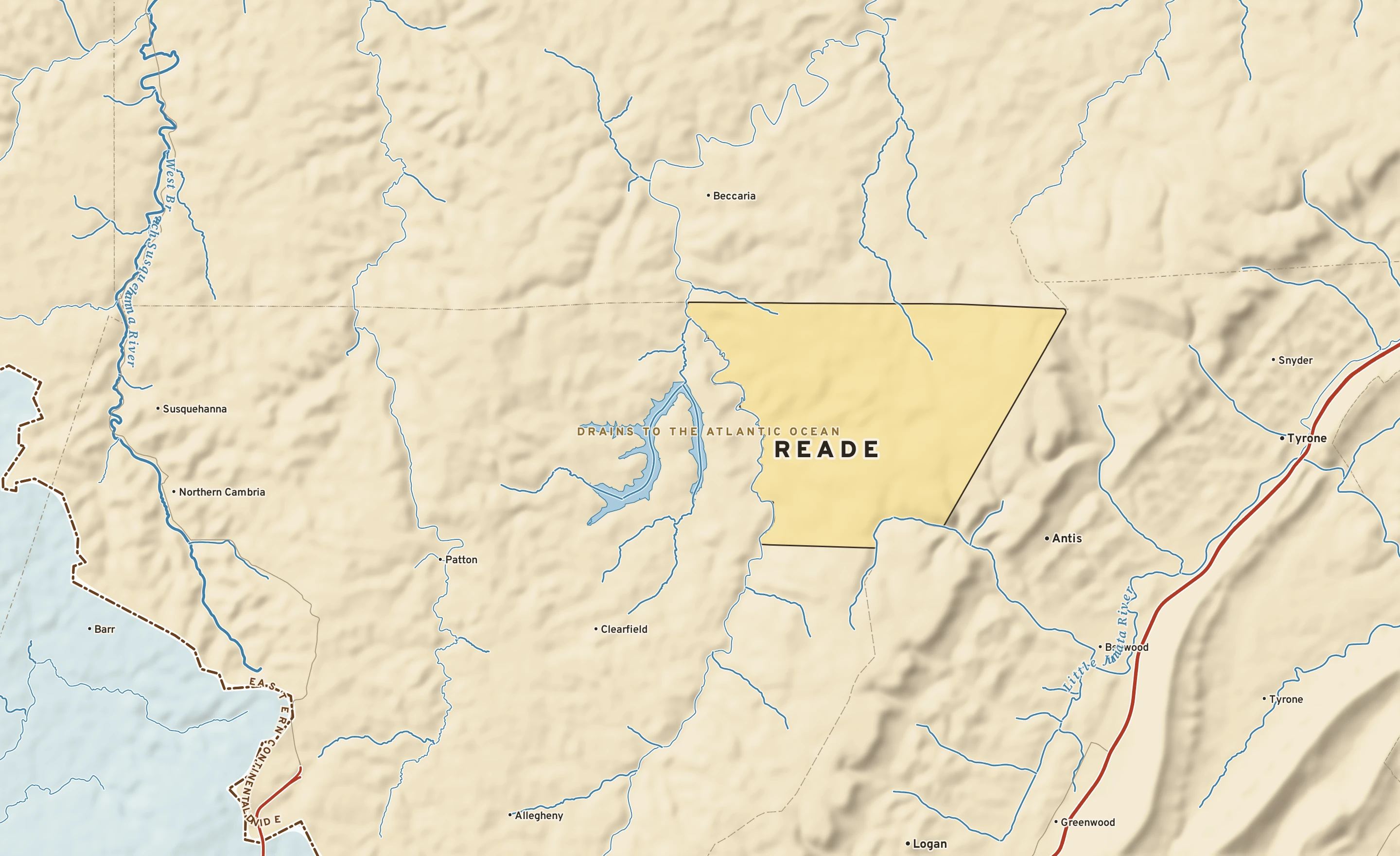 Shaded-relief atlas plate of Reade, Pennsylvania: rivers, roads, the city limits and where the water drains.