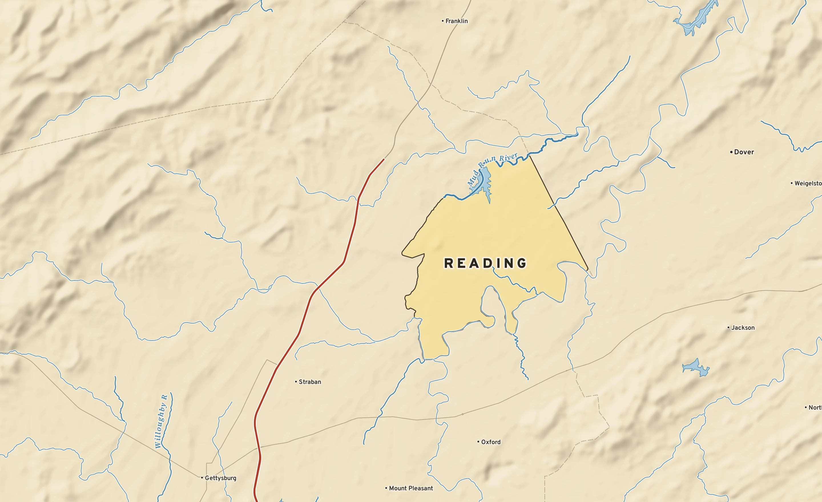 Shaded-relief atlas plate of Reading, Pennsylvania: rivers, roads, the city limits and where the water drains.