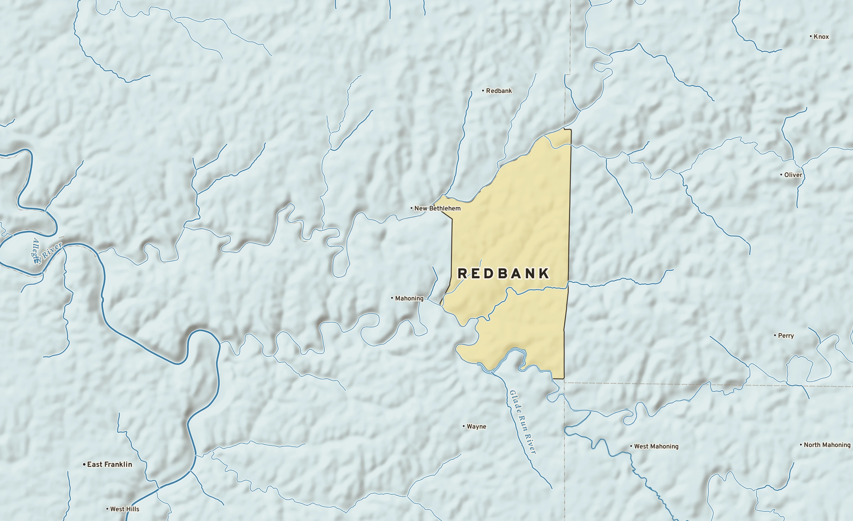 Shaded-relief atlas plate of Redbank, Pennsylvania: rivers, roads, the city limits and where the water drains.
