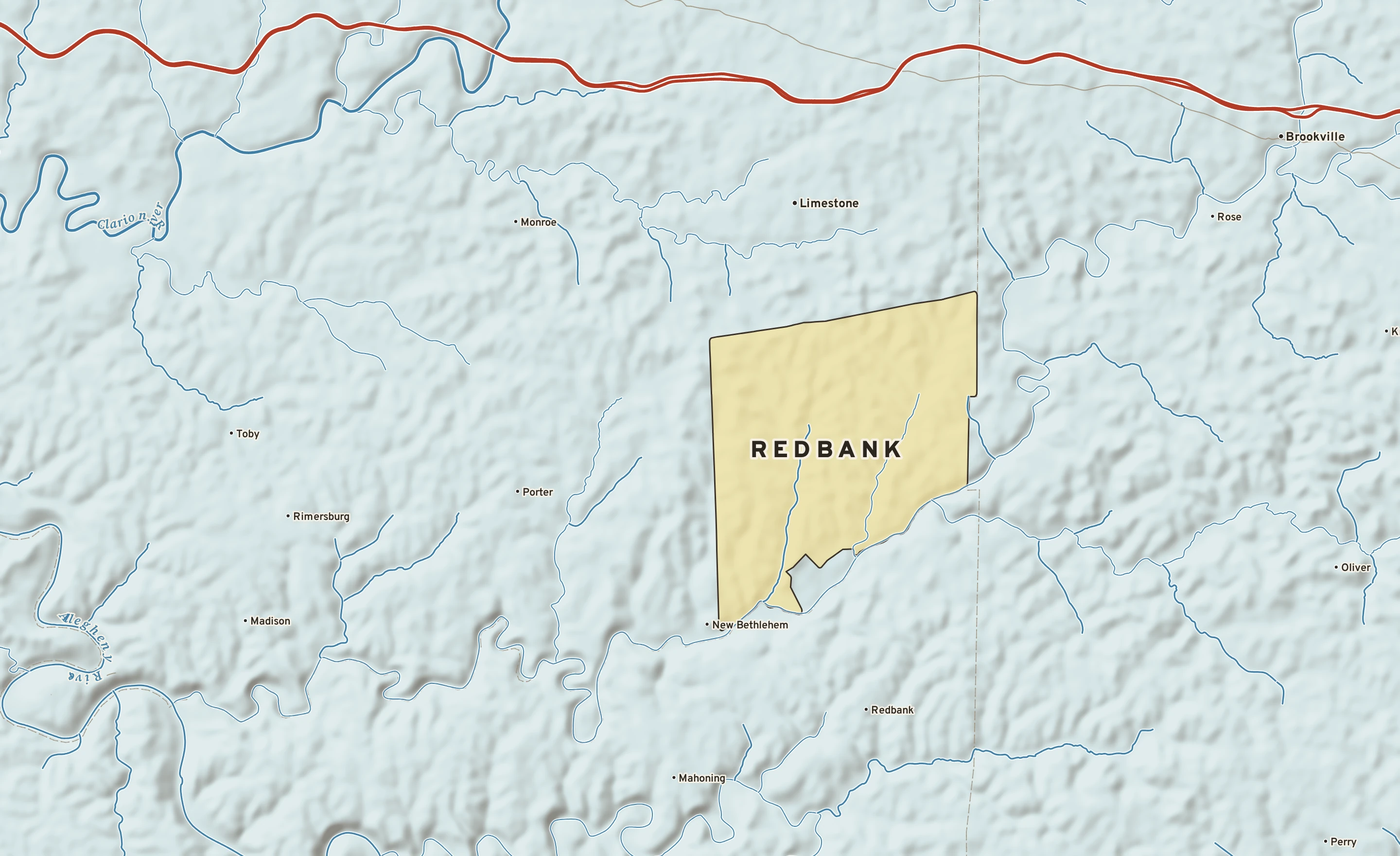 Shaded-relief atlas plate of Redbank, Pennsylvania: rivers, roads, the city limits and where the water drains.