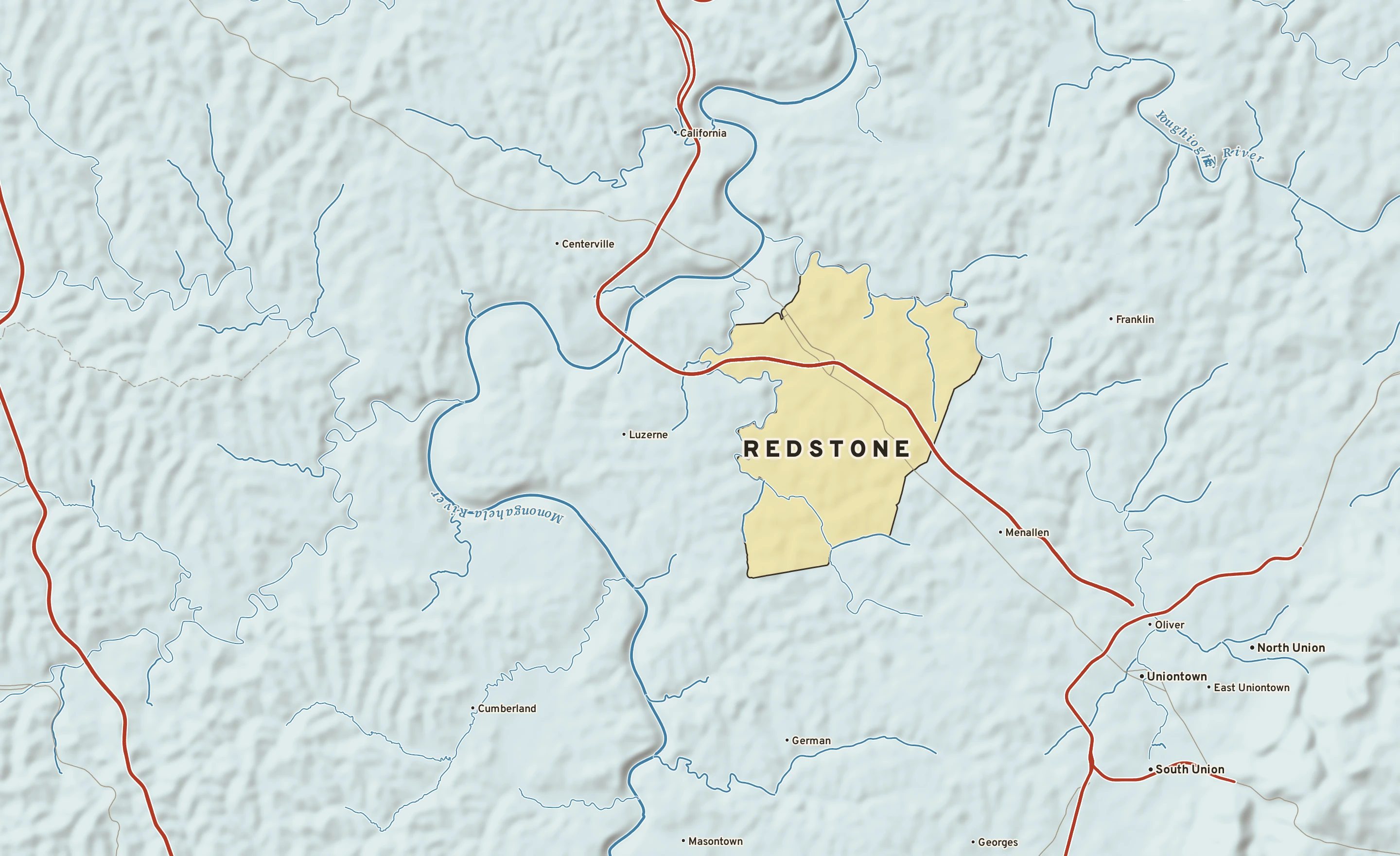 Shaded-relief atlas plate of Redstone, Pennsylvania: rivers, roads, the city limits and where the water drains.