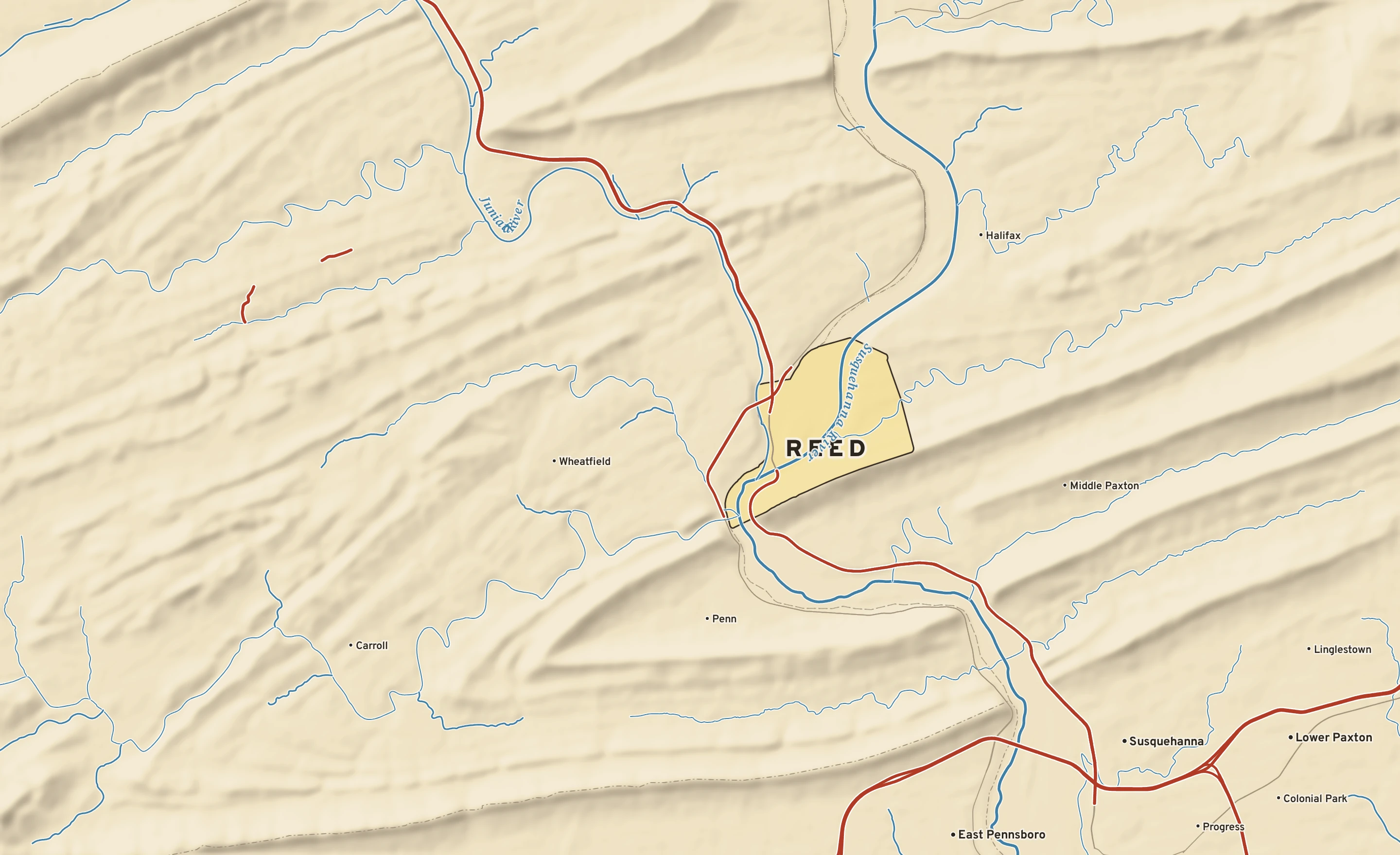 Shaded-relief atlas plate of Reed, Pennsylvania: rivers, roads, the city limits and where the water drains.