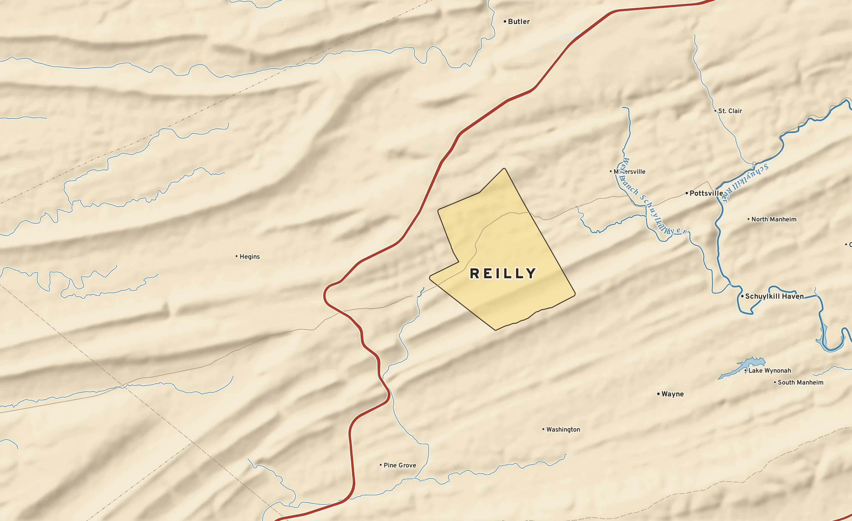 Shaded-relief atlas plate of Reilly, Pennsylvania: rivers, roads, the city limits and where the water drains.