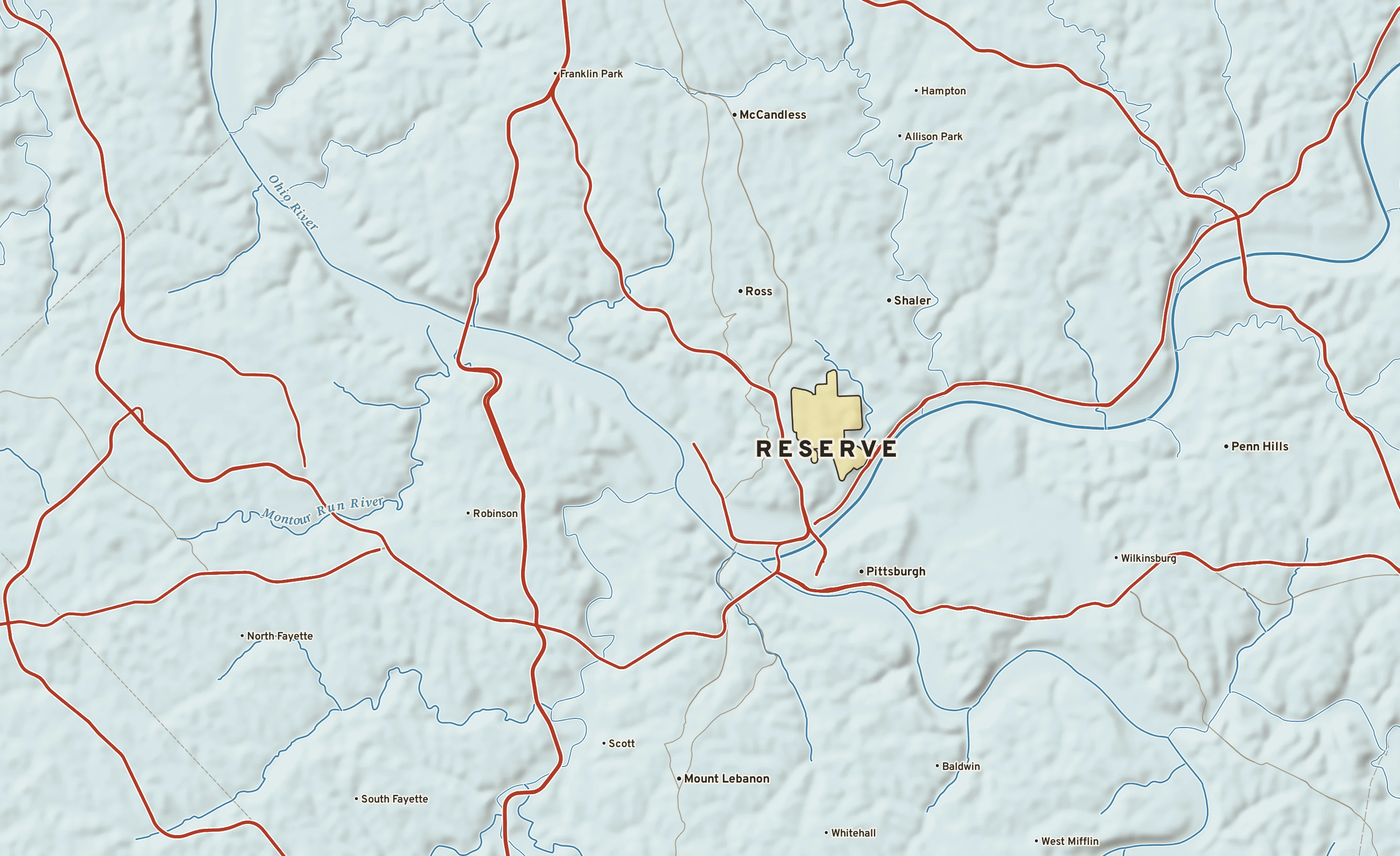 Shaded-relief atlas plate of Reserve, Pennsylvania: rivers, roads, the city limits and where the water drains.
