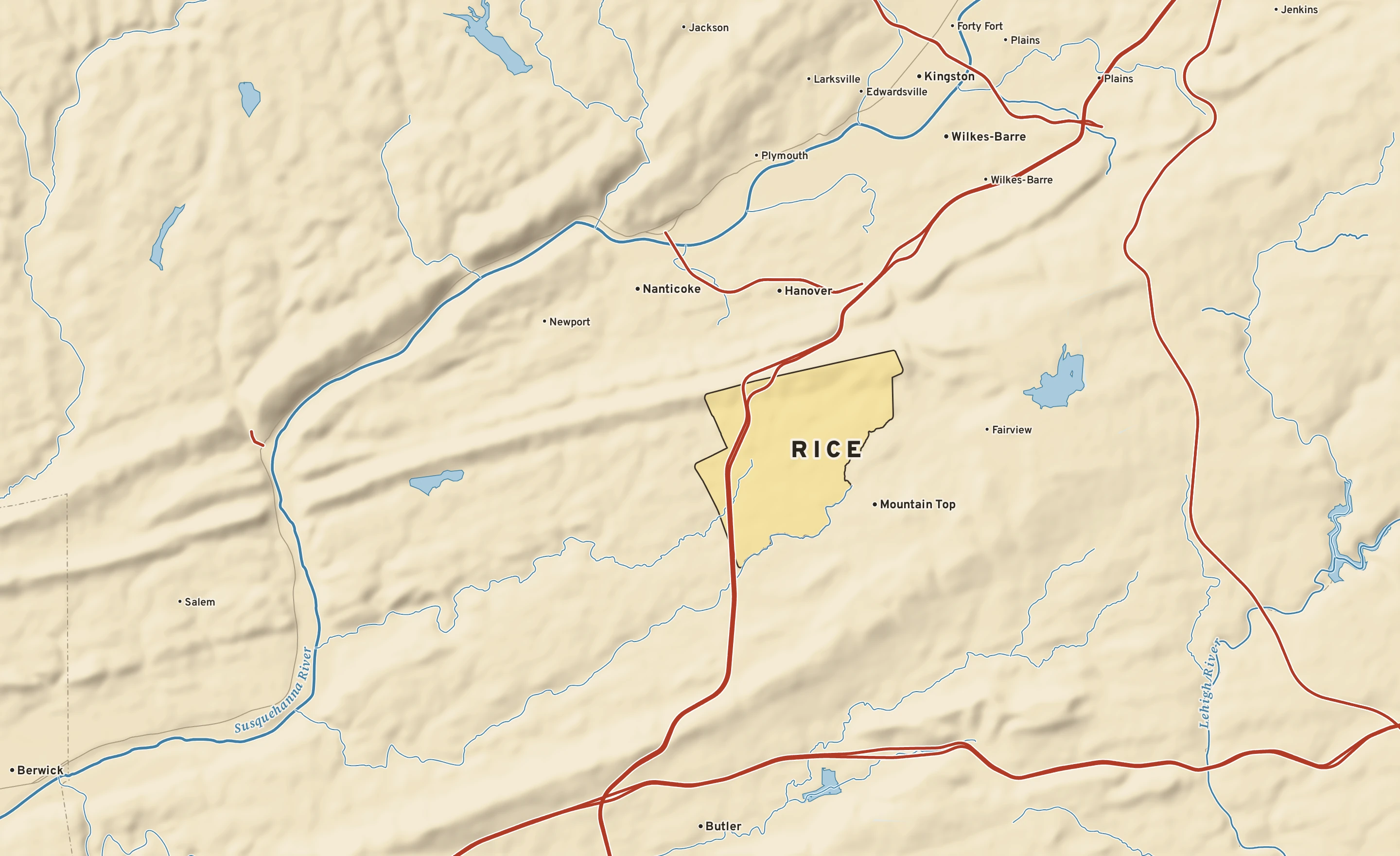 Shaded-relief atlas plate of Rice, Pennsylvania: rivers, roads, the city limits and where the water drains.