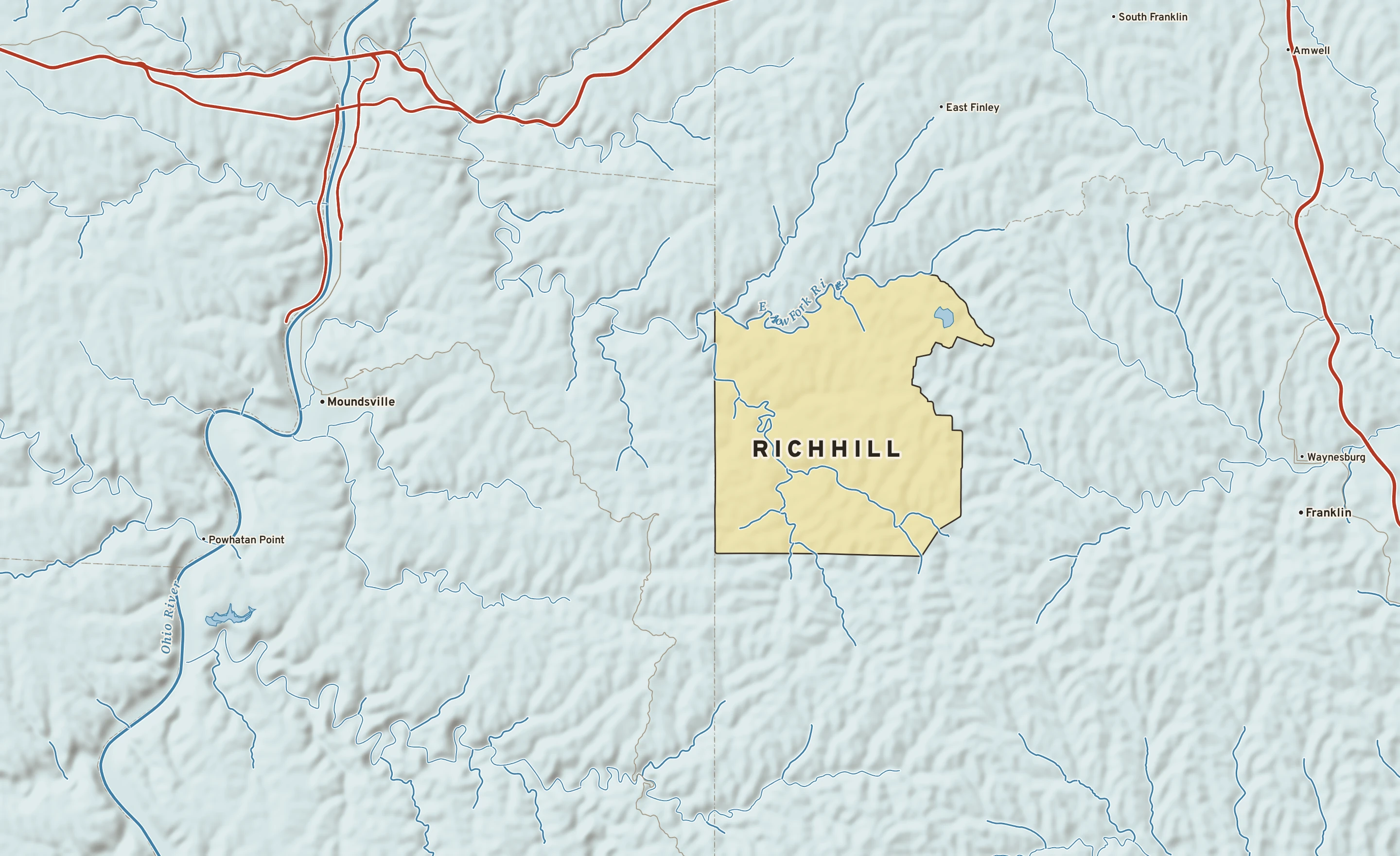 Shaded-relief atlas plate of Richhill, Pennsylvania: rivers, roads, the city limits and where the water drains.