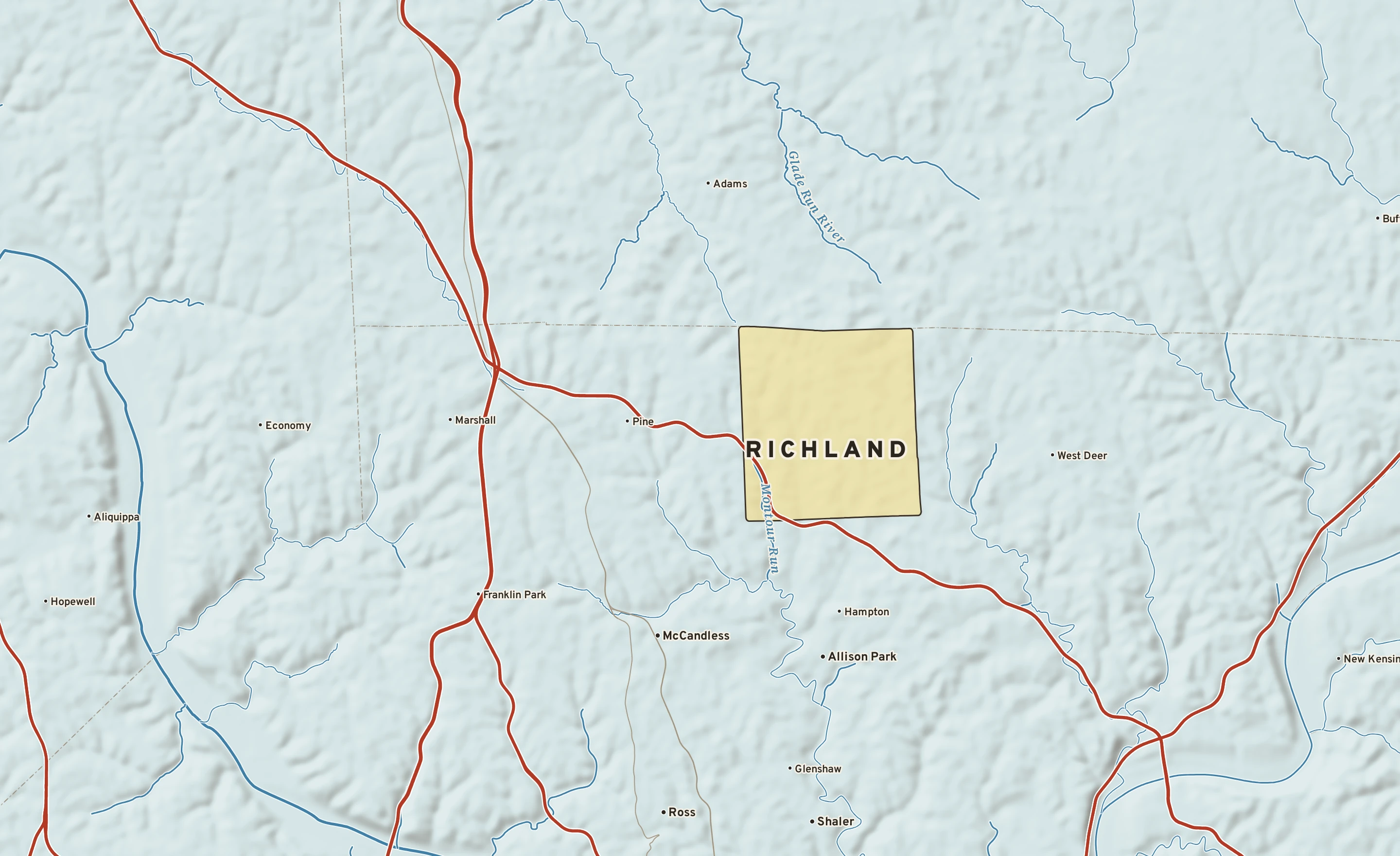 Shaded-relief atlas plate of Richland, Pennsylvania: rivers, roads, the city limits and where the water drains.
