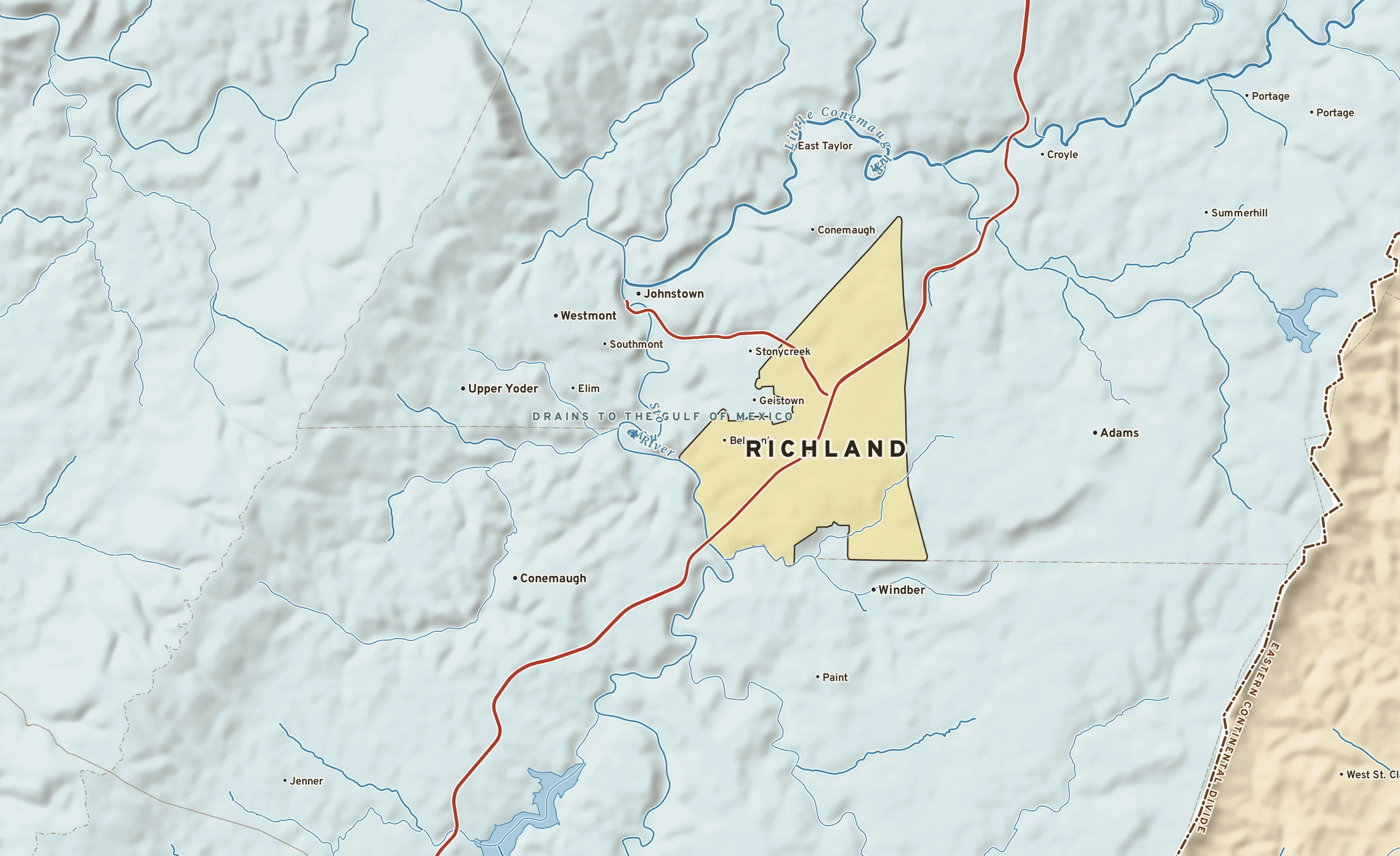 Shaded-relief atlas plate of Richland, Pennsylvania: rivers, roads, the city limits and where the water drains.