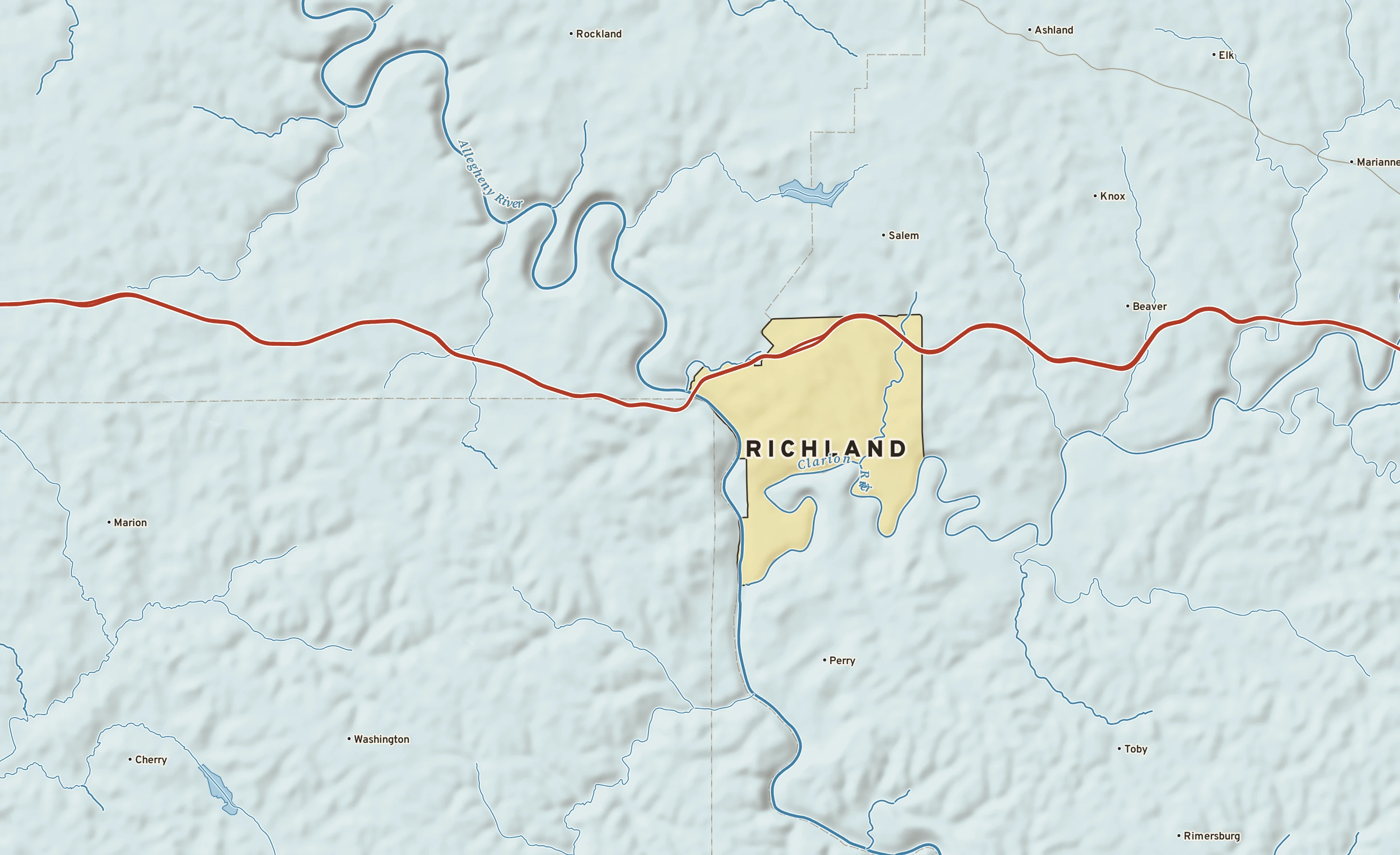 Shaded-relief atlas plate of Richland, Pennsylvania: rivers, roads, the city limits and where the water drains.