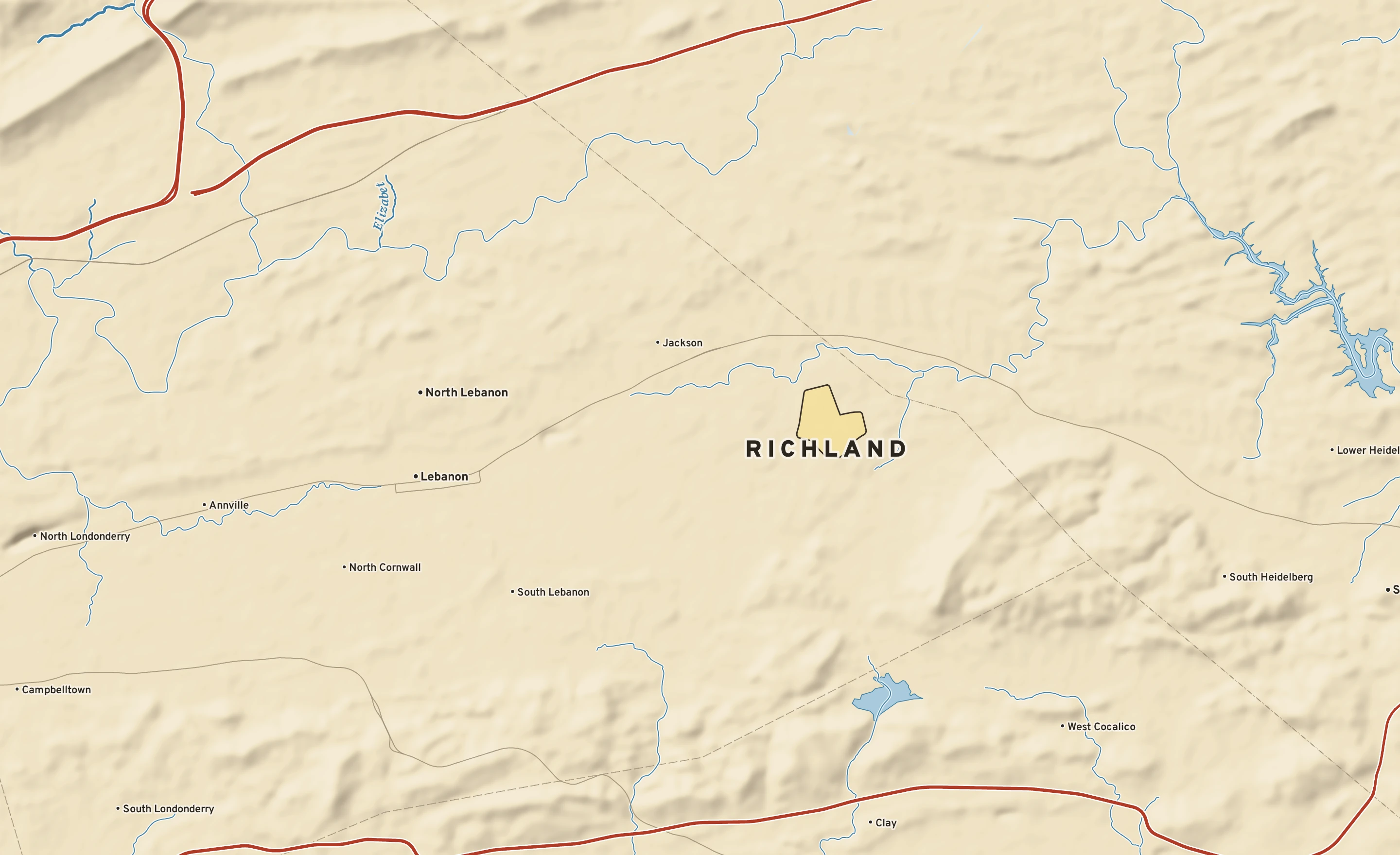 Shaded-relief atlas plate of Richland, Pennsylvania: rivers, roads, the city limits and where the water drains.