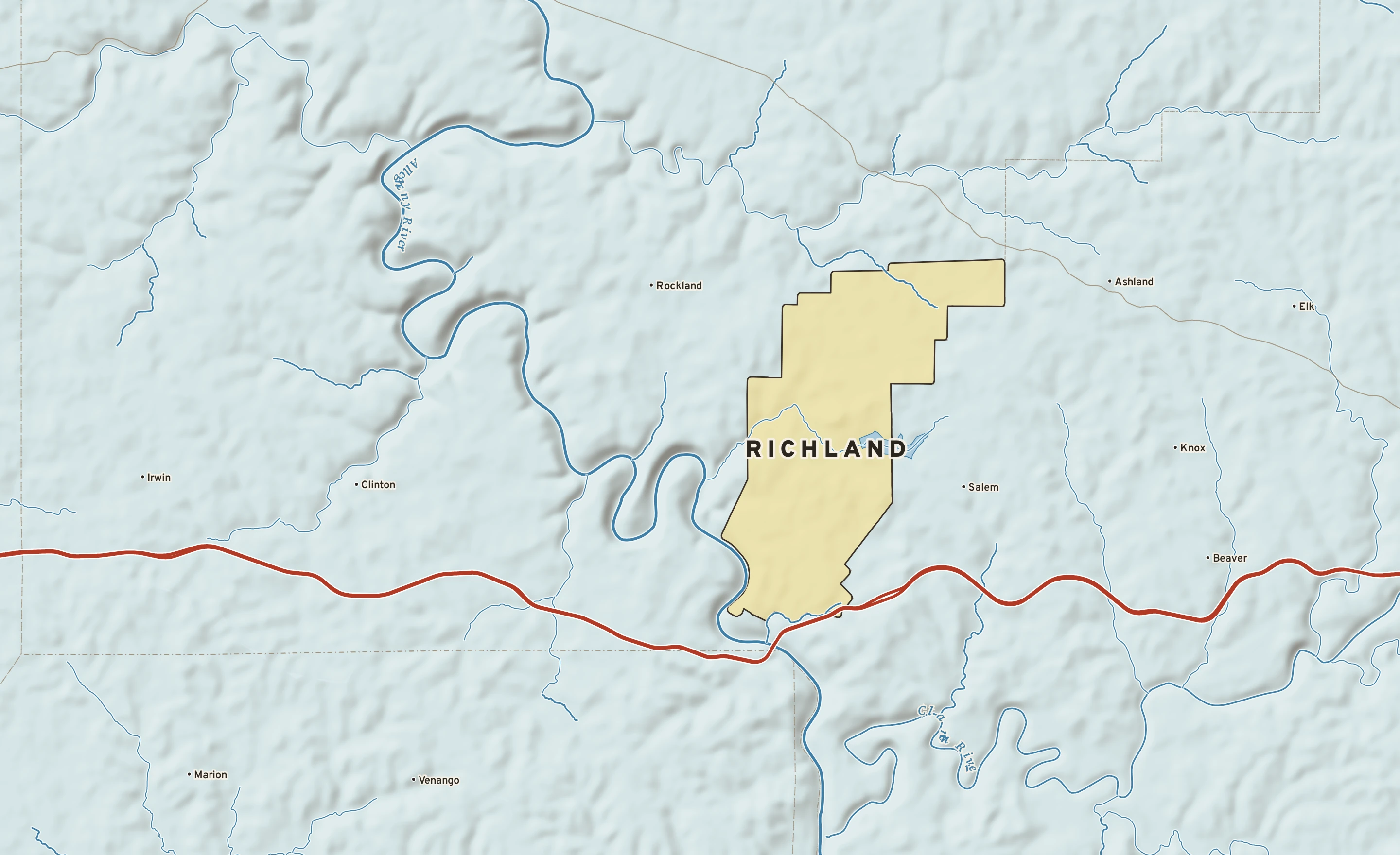 Shaded-relief atlas plate of Richland, Pennsylvania: rivers, roads, the city limits and where the water drains.