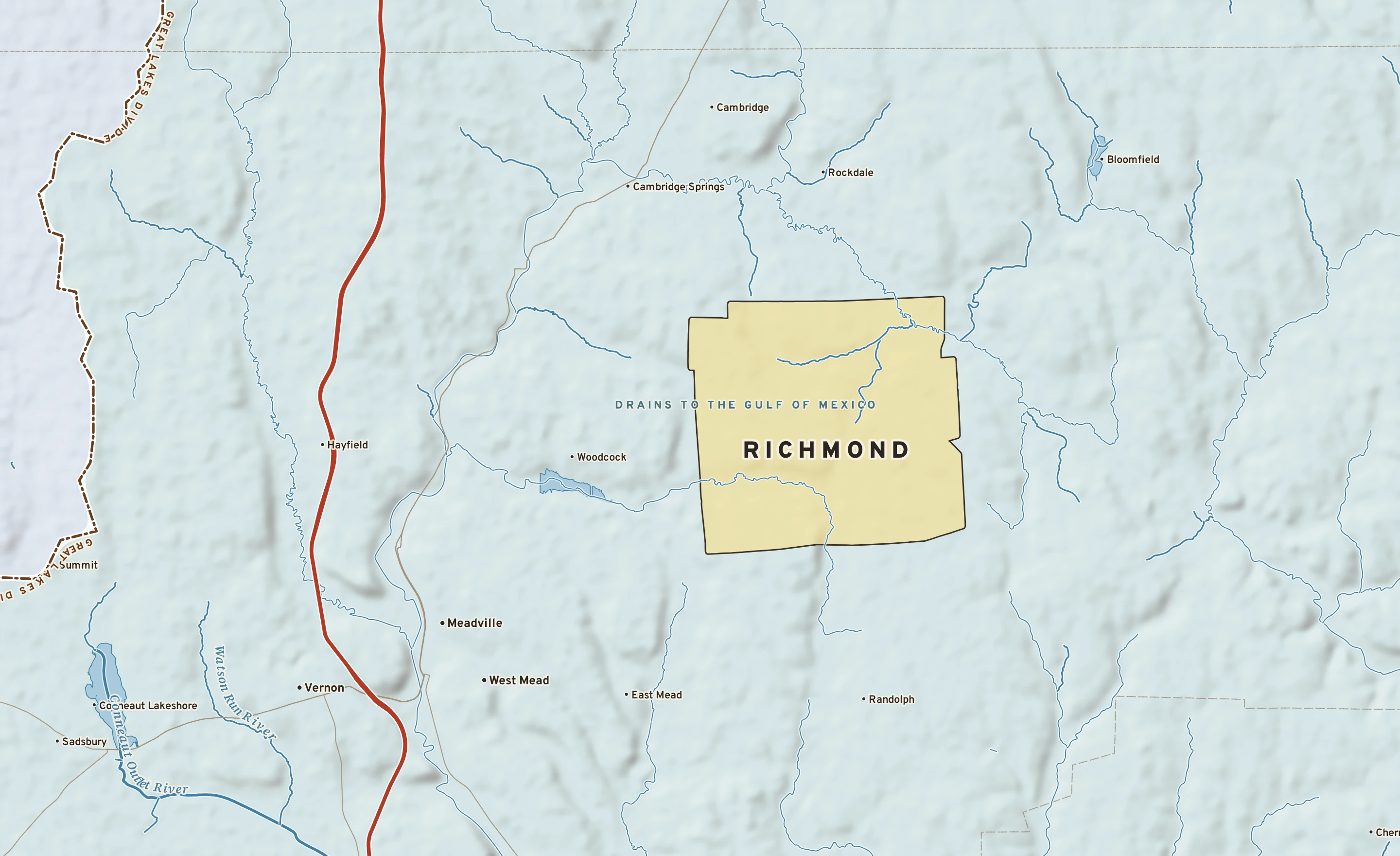 Shaded-relief atlas plate of Richmond, Pennsylvania: rivers, roads, the city limits and where the water drains.