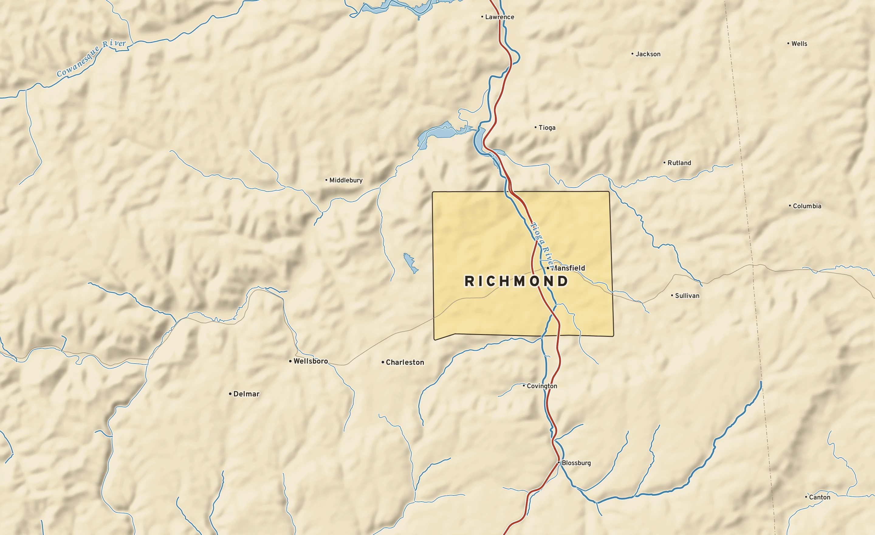 Shaded-relief atlas plate of Richmond, Pennsylvania: rivers, roads, the city limits and where the water drains.