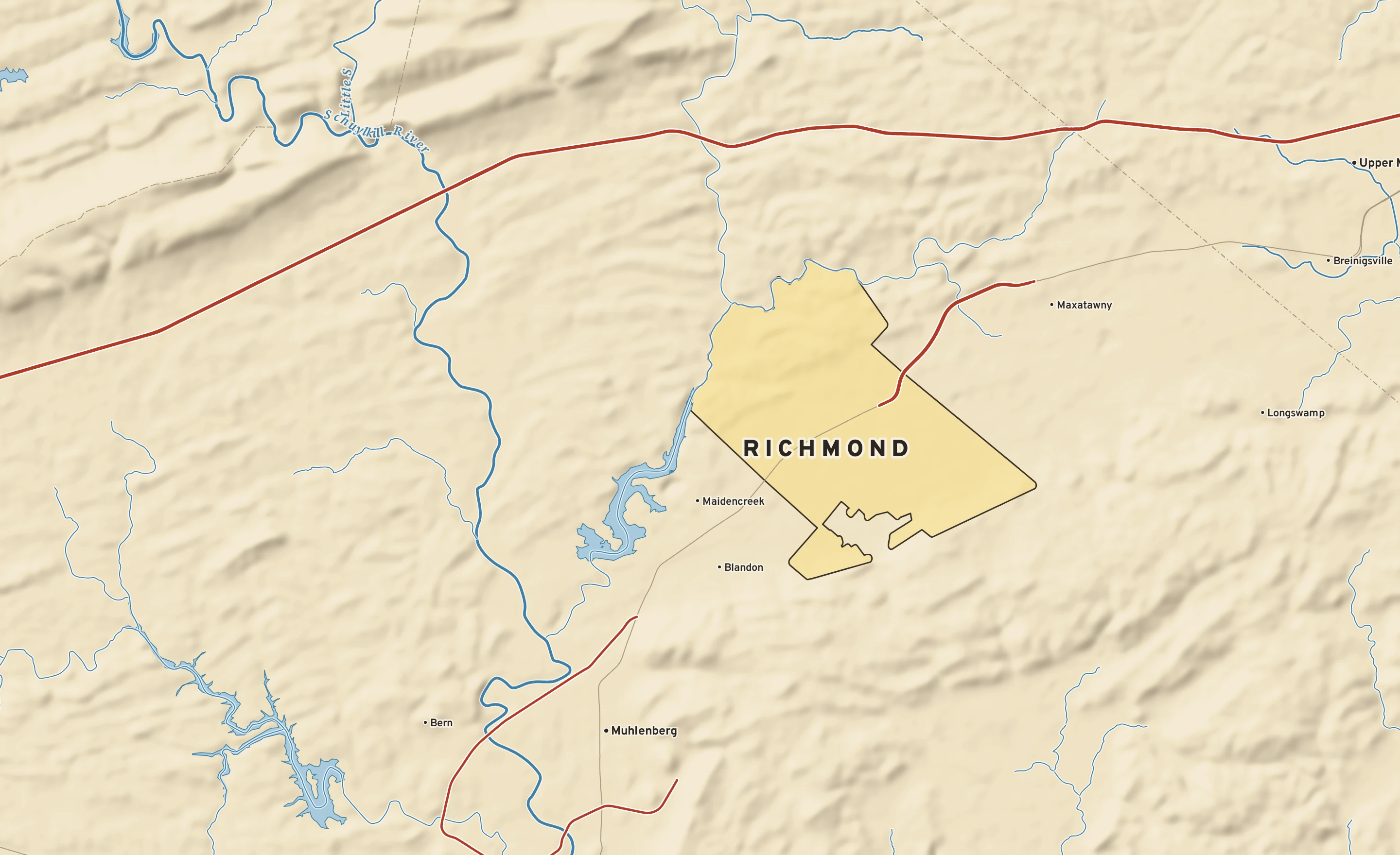 Shaded-relief atlas plate of Richmond, Pennsylvania: rivers, roads, the city limits and where the water drains.