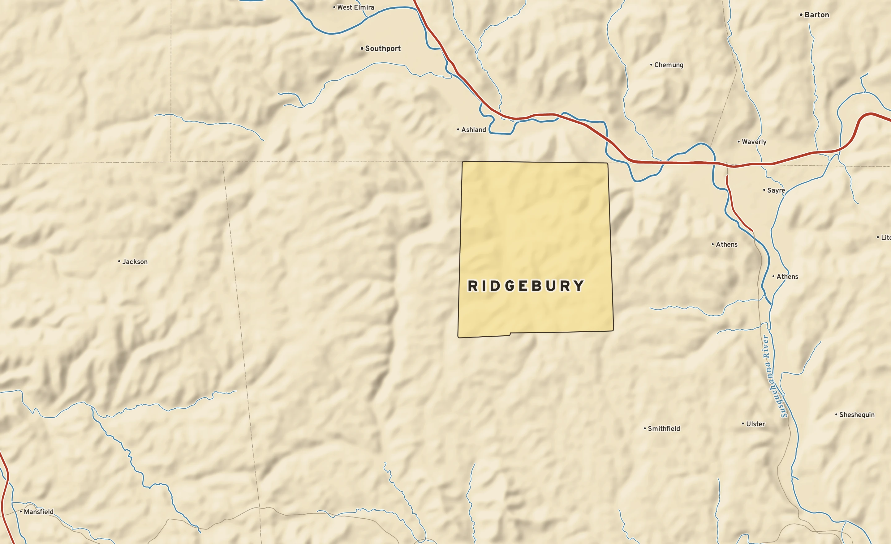 Shaded-relief atlas plate of Ridgebury, Pennsylvania: rivers, roads, the city limits and where the water drains.