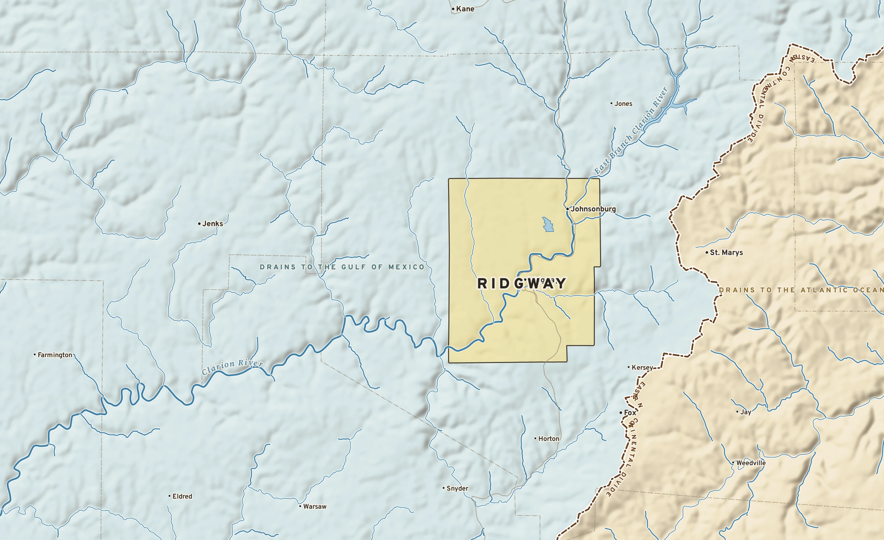 Shaded-relief atlas plate of Ridgway, Pennsylvania: rivers, roads, the city limits and where the water drains.