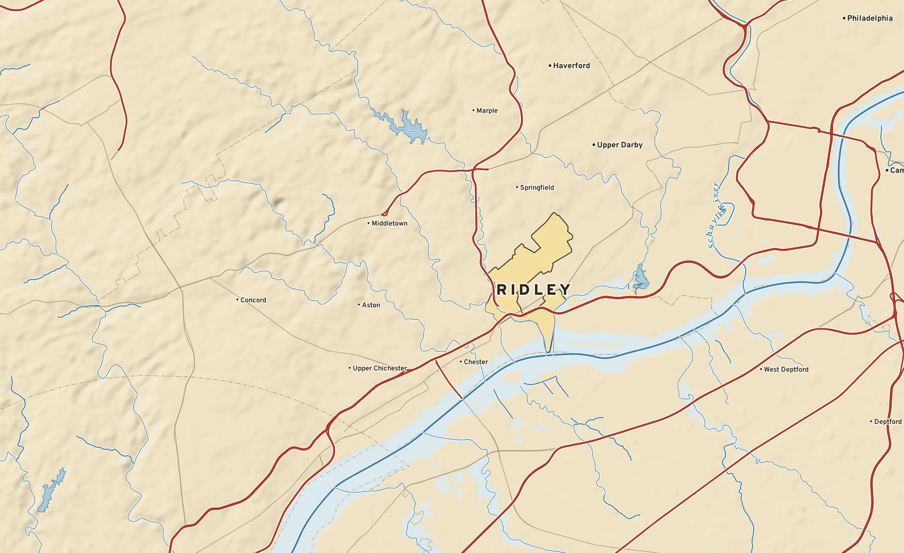 Shaded-relief atlas plate of Ridley, Pennsylvania: rivers, roads, the city limits and where the water drains.