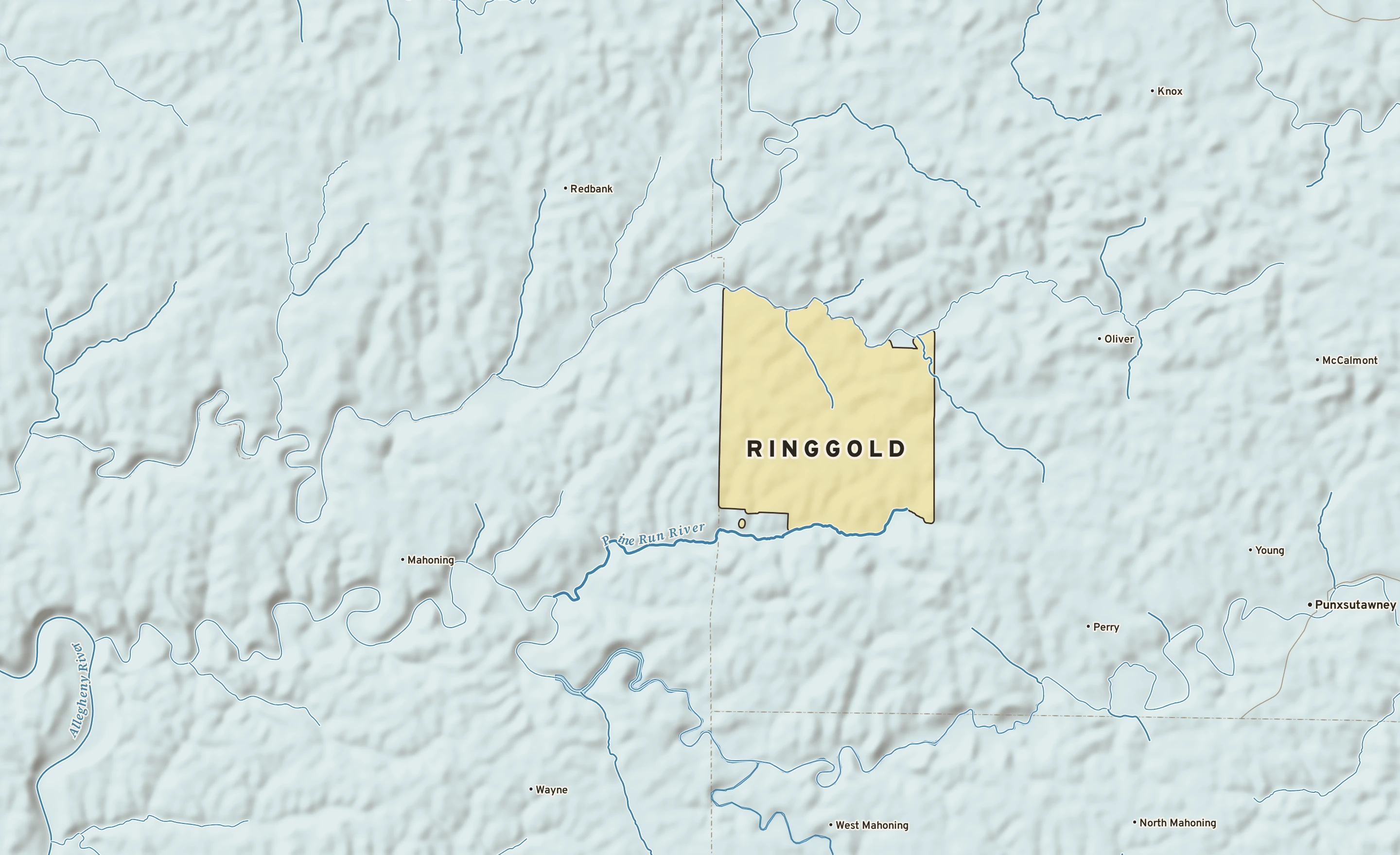 Shaded-relief atlas plate of Ringgold, Pennsylvania: rivers, roads, the city limits and where the water drains.